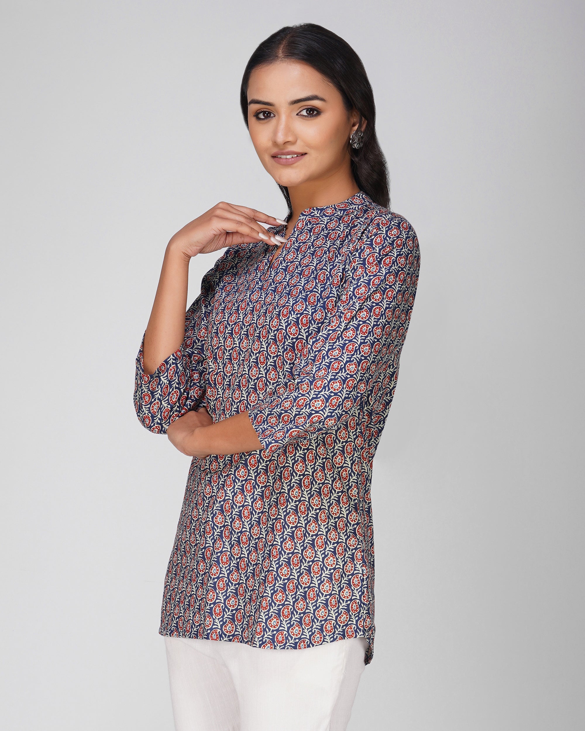 Blue Printed Mandarin Collar Cotton Top