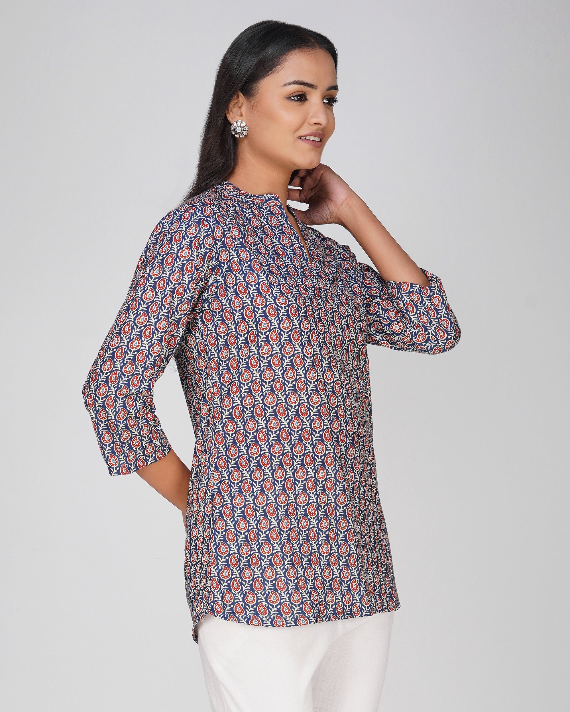 Blue Printed Mandarin Collar Cotton Top