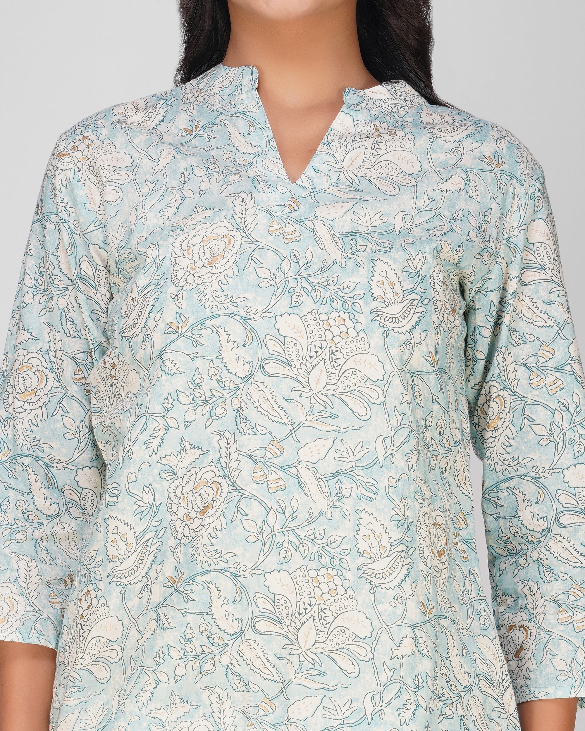 Ice Blue Printed Mandarin Collar Cotton Top