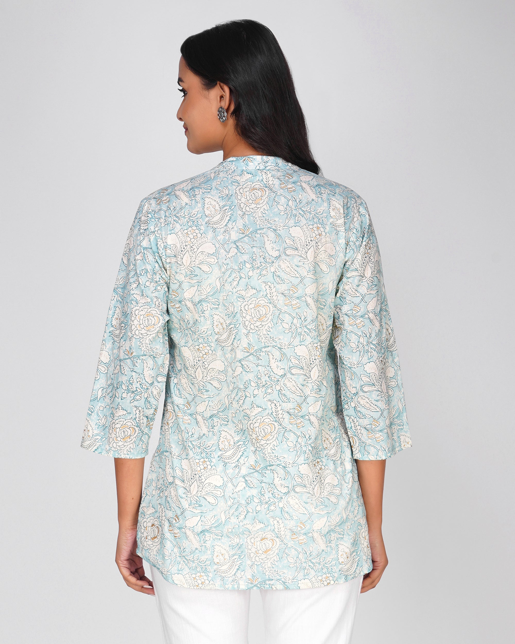 Ice Blue Printed Mandarin Collar Cotton Top
