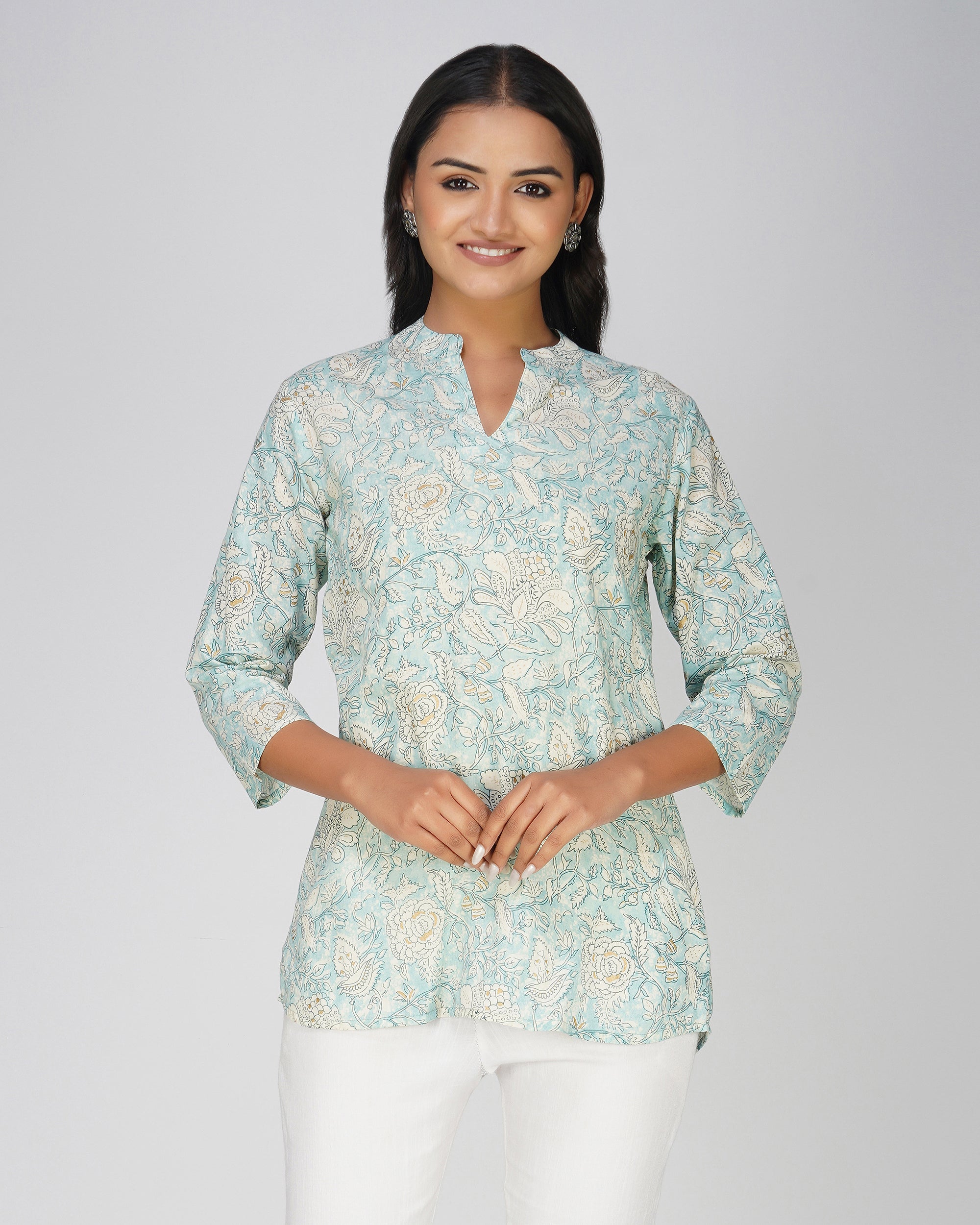 Ice Blue Printed Mandarin Collar Cotton Top