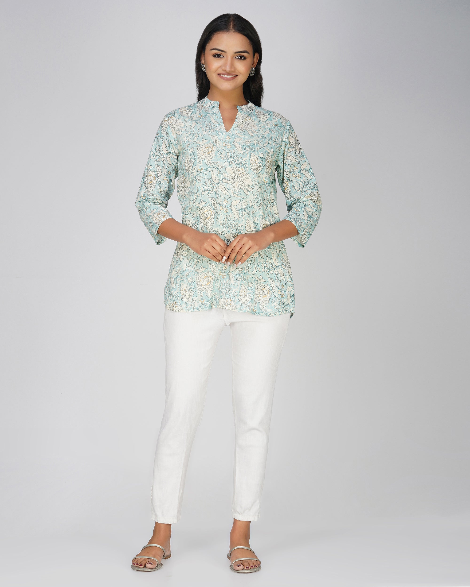 Ice Blue Printed Mandarin Collar Cotton Top