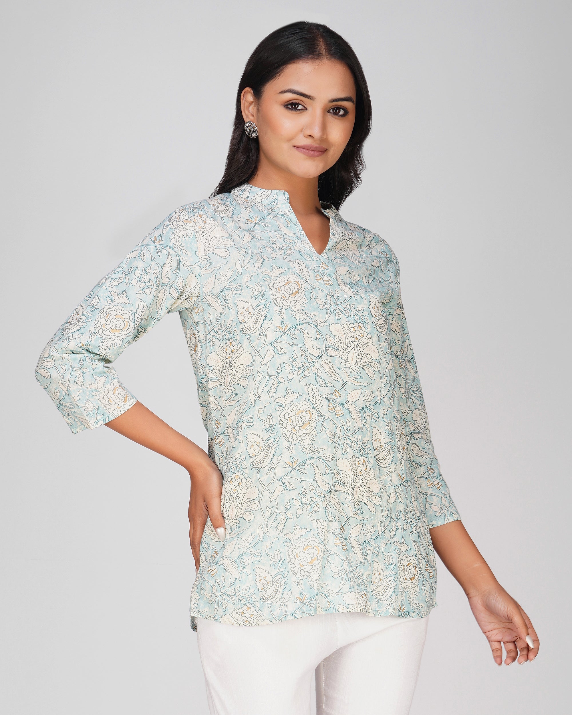 Ice Blue Printed Mandarin Collar Cotton Top