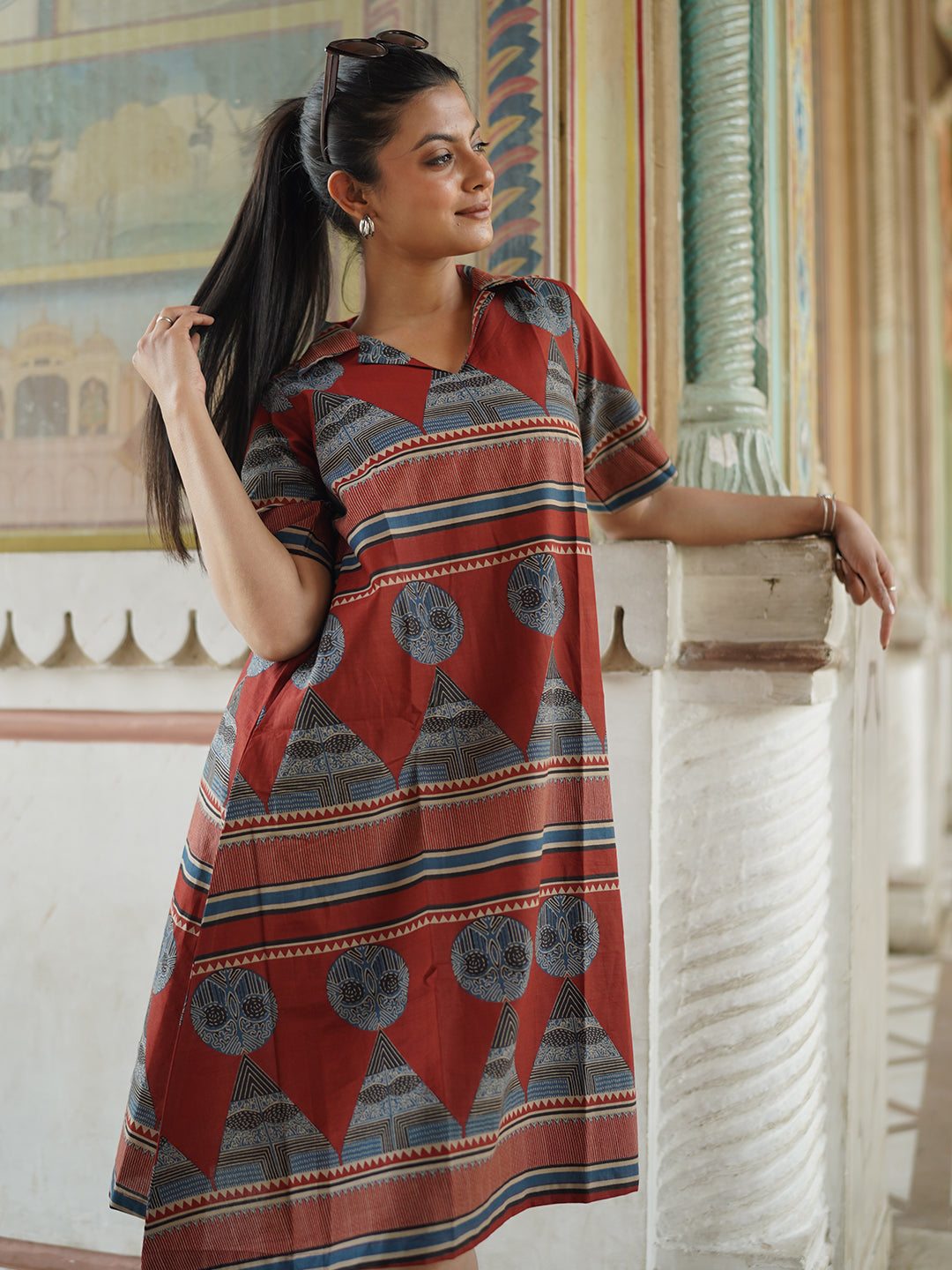Maroon Printed Short Cotton Dress