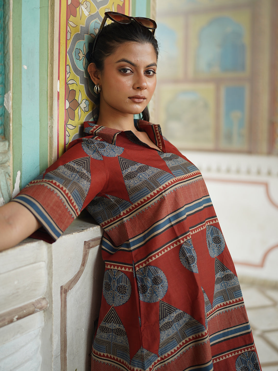 Maroon Printed Short Cotton Dress