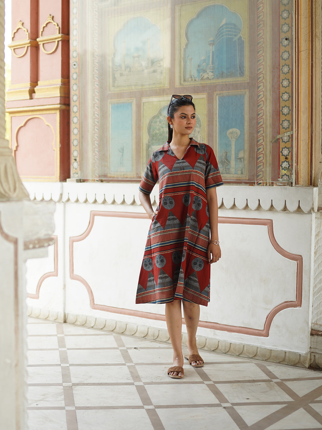 Maroon Printed Short Cotton Dress