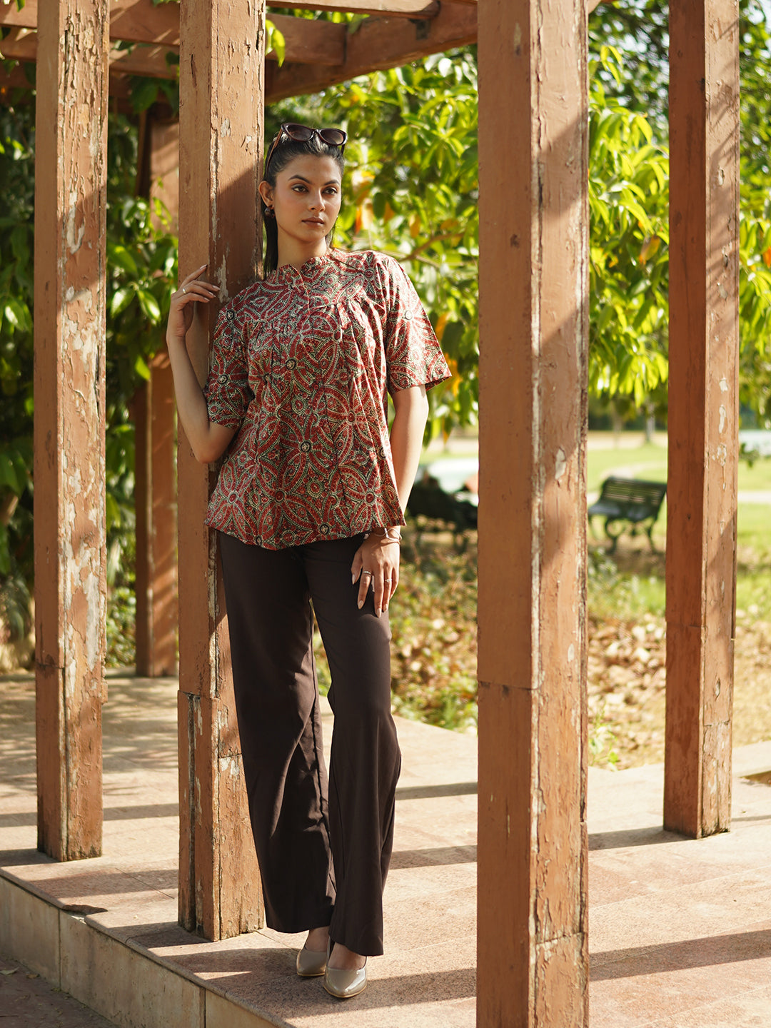 Maroon Printed Flared Cotton Top