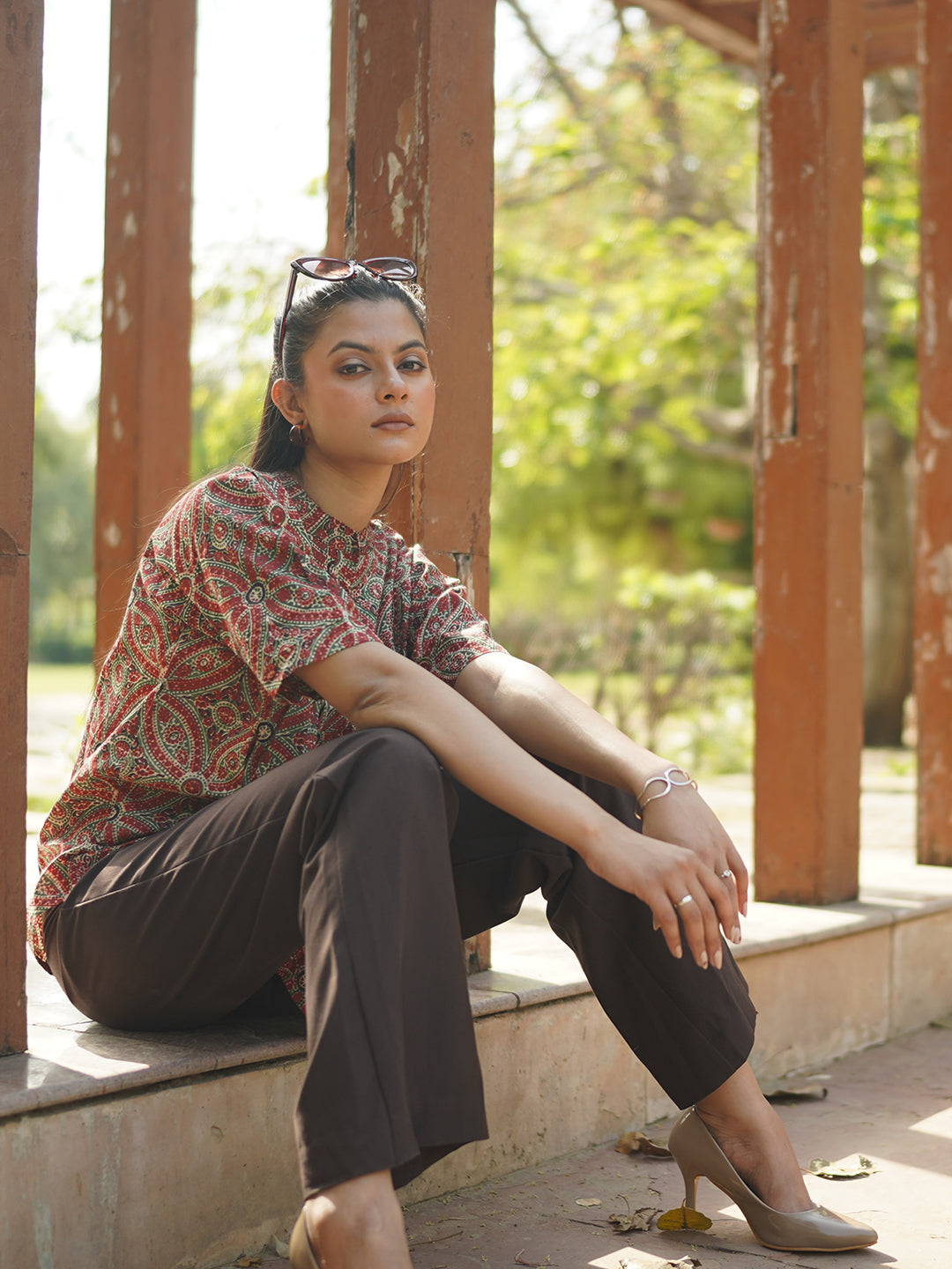 Maroon Printed Flared Cotton Top