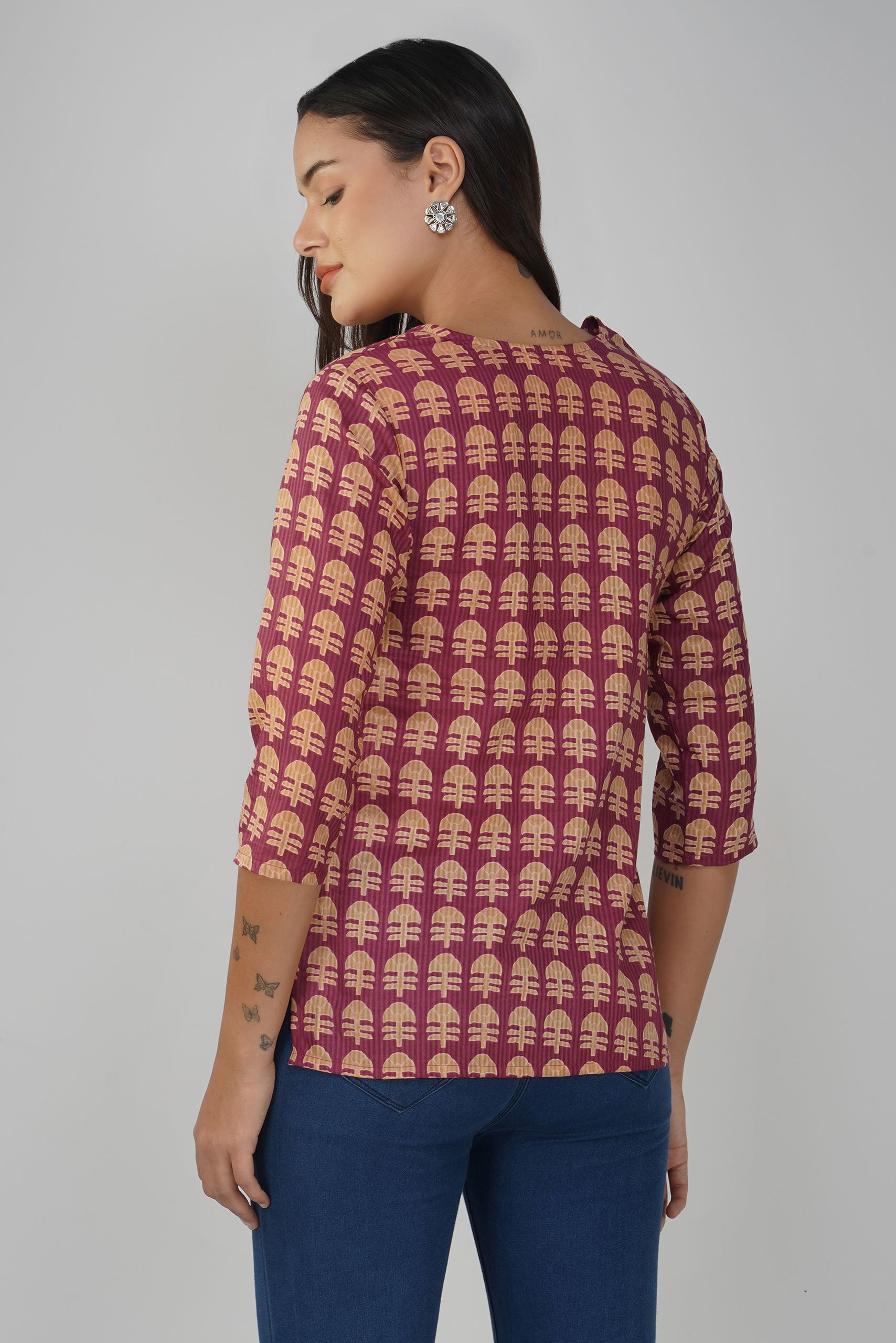 Maroon Printed V-Neck Cotton Top