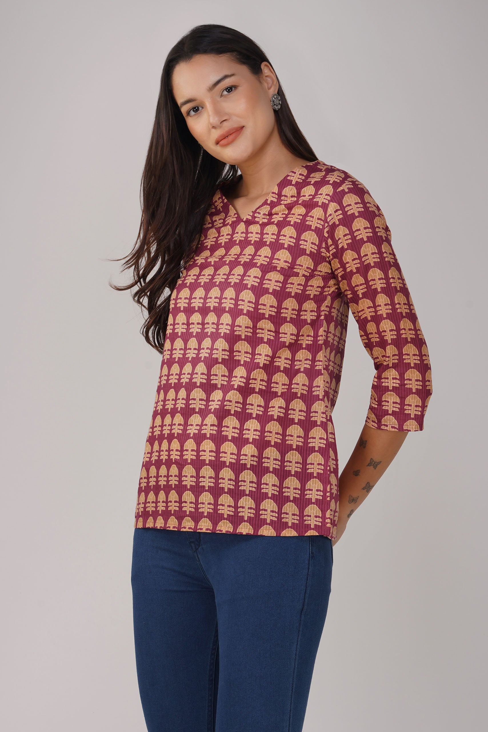 Maroon Printed V-Neck Cotton Top