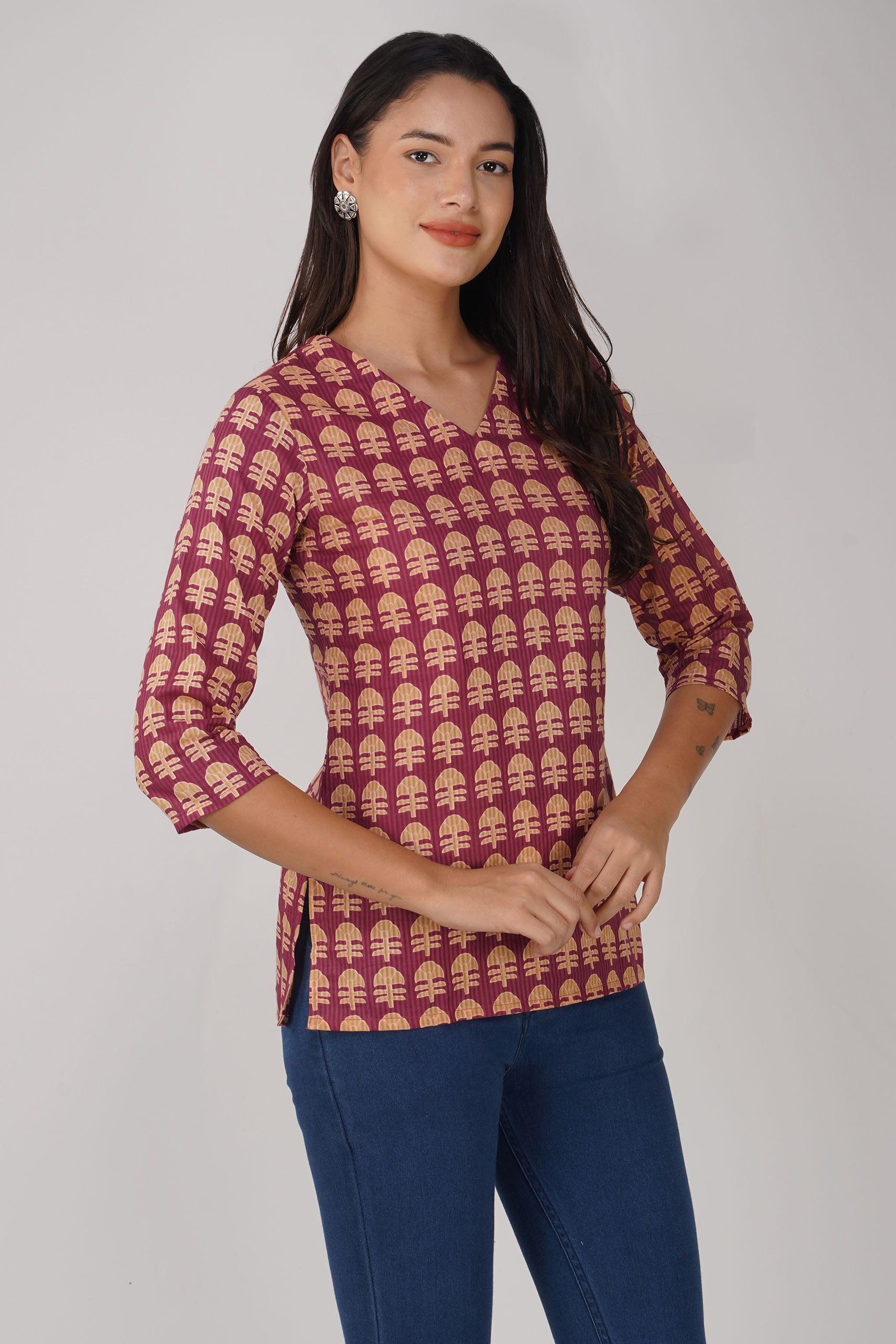 Maroon Printed V-Neck Cotton Top