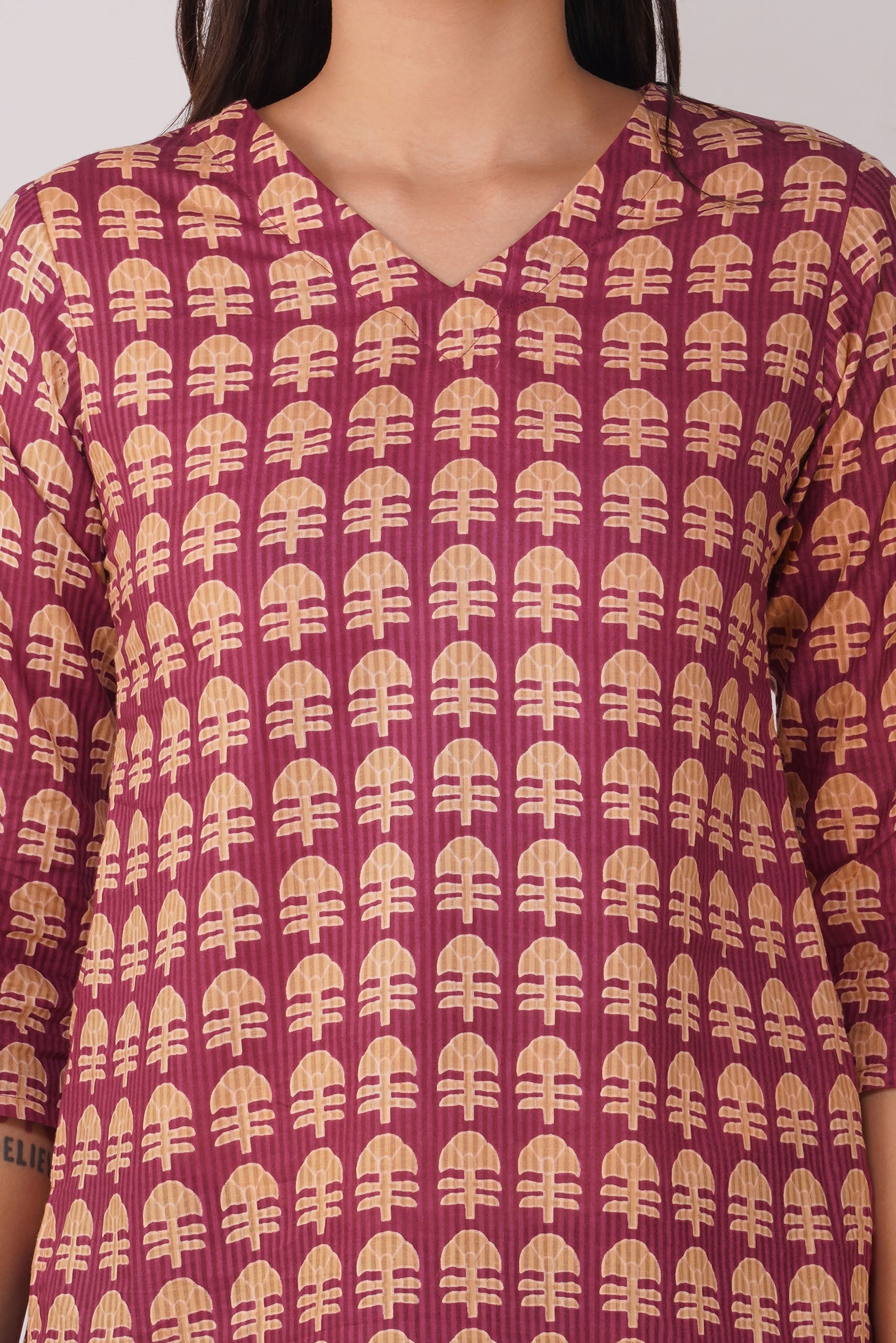 Maroon Printed V-Neck Cotton Top