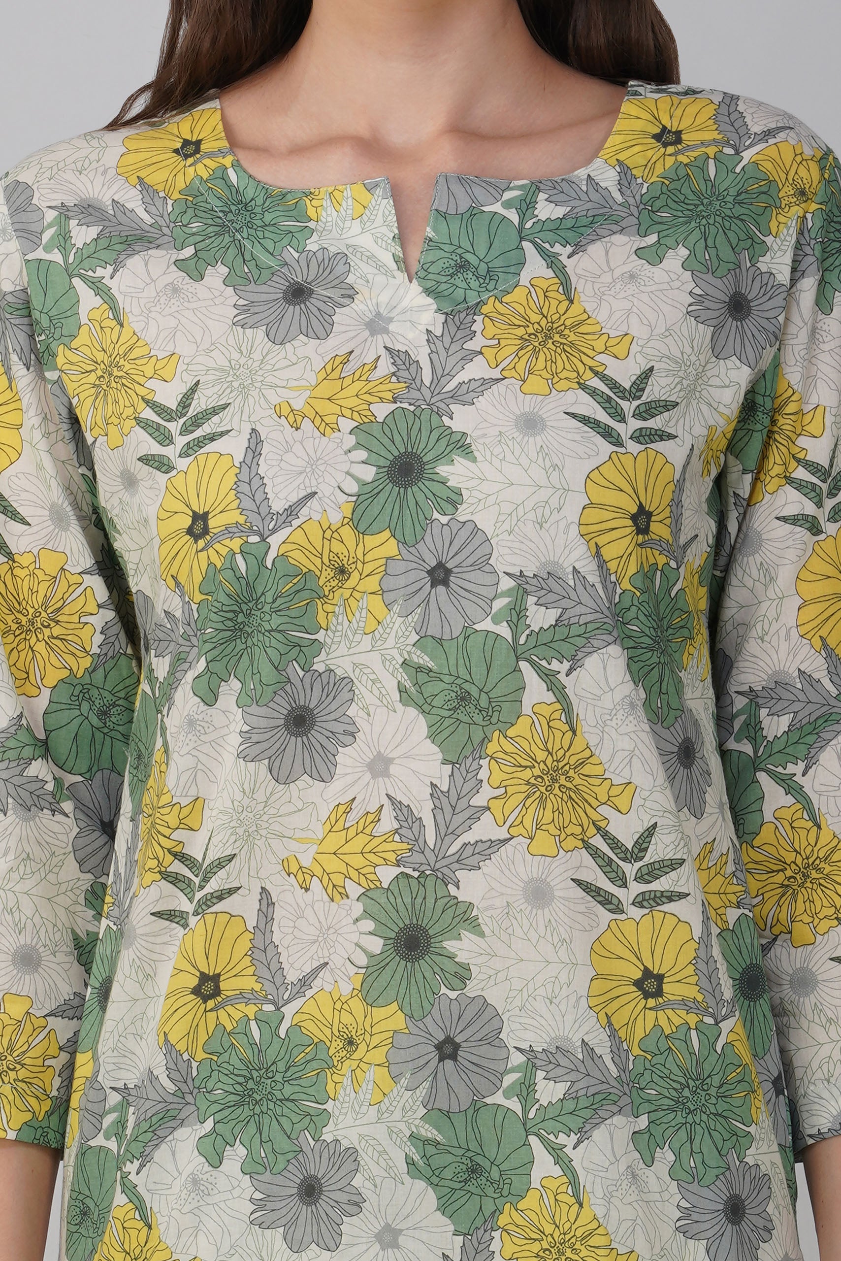 Off-white Printed Round V-Neck Cotton Co-ord Set