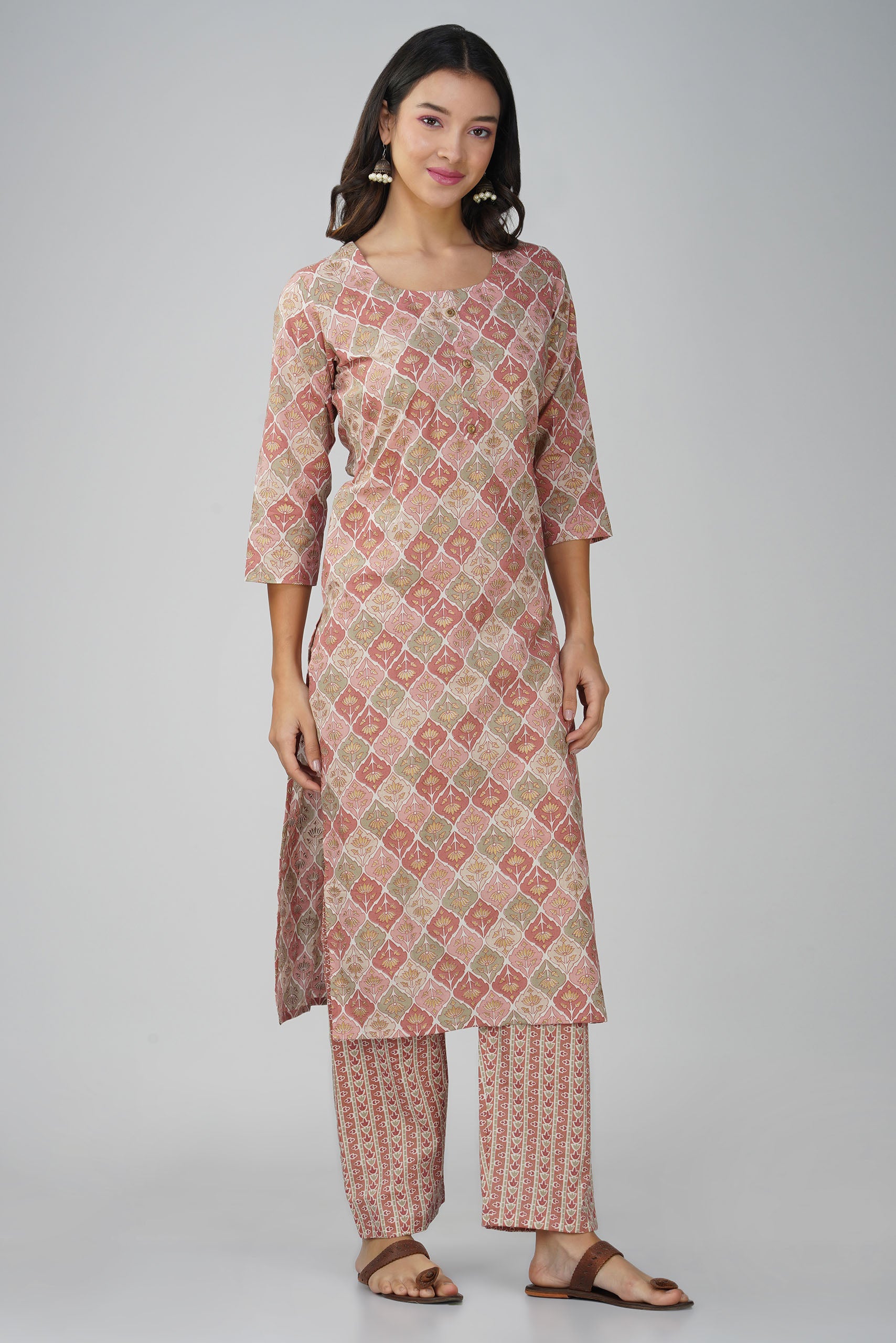 Peach Printed Round Neck Cotton Kurta Set