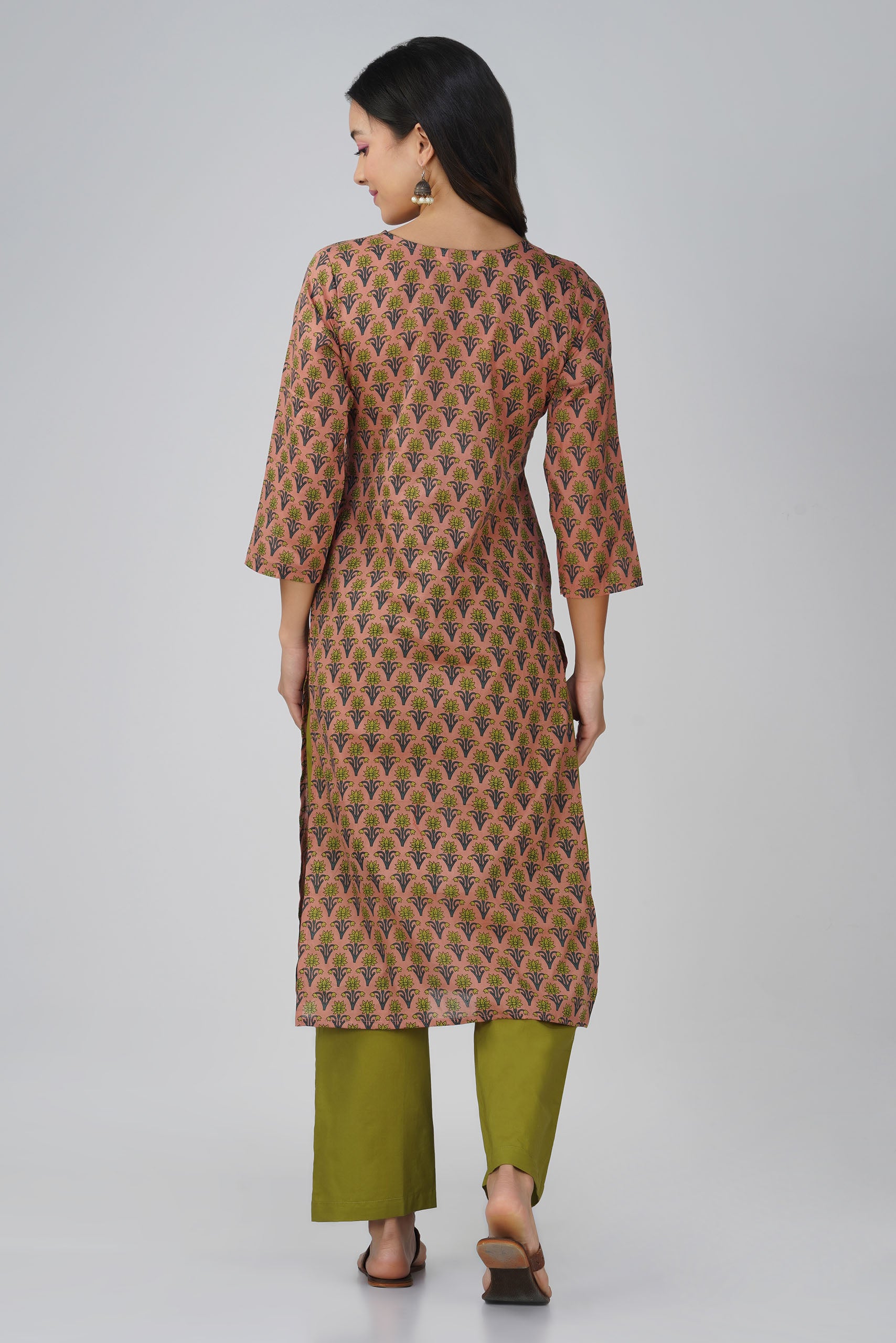 Peach Printed V-Neck Cotton Kurta Set