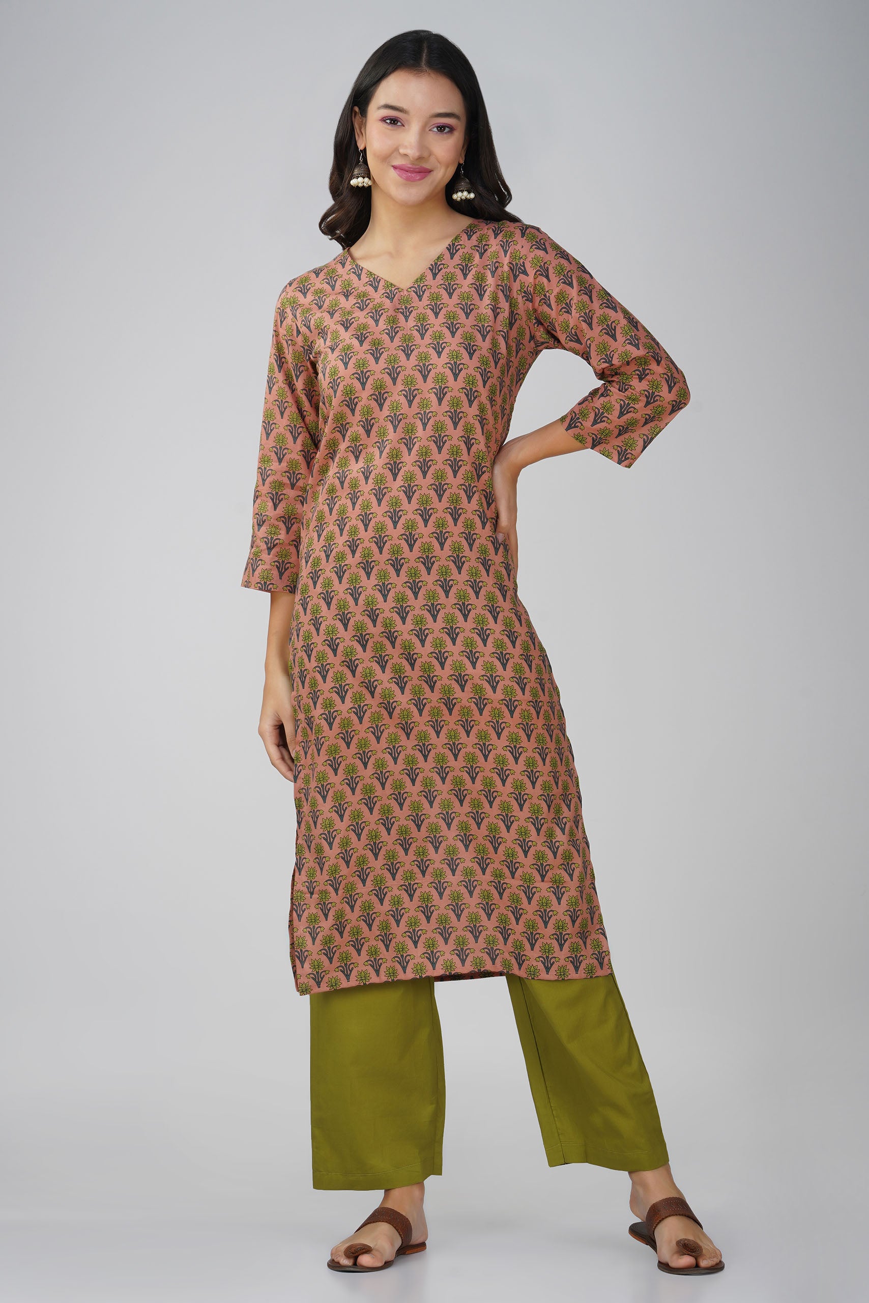 Peach Printed V-Neck Cotton Kurta Set