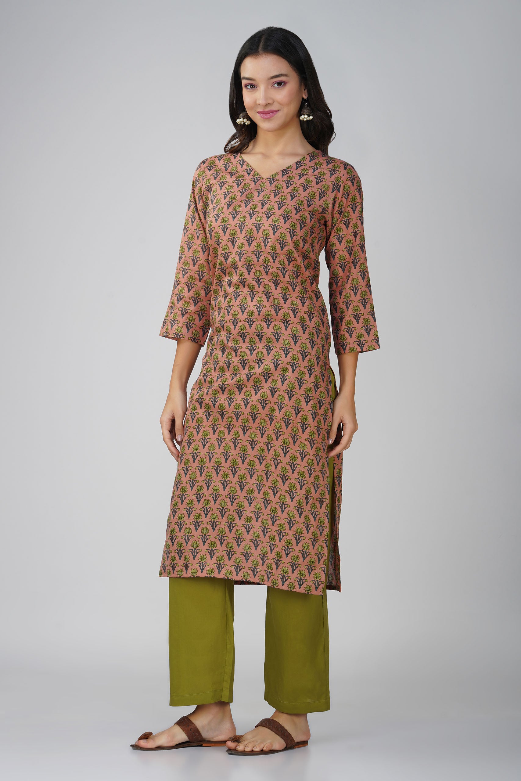 Peach Printed V-Neck Cotton Kurta Set