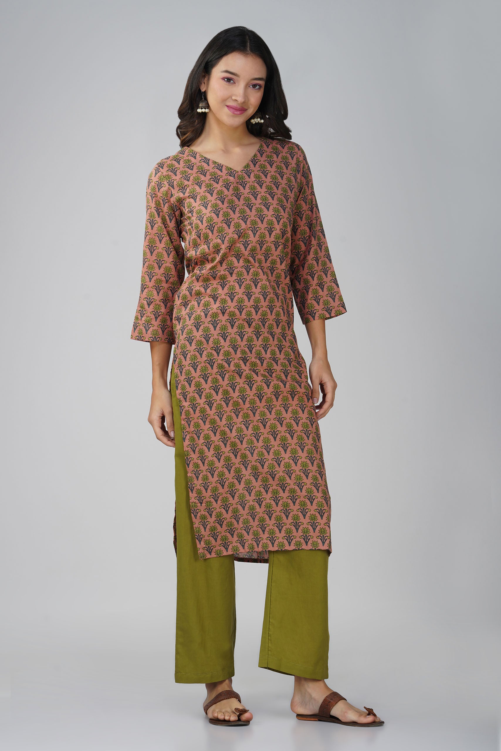 Peach Printed V-Neck Cotton Kurta Set