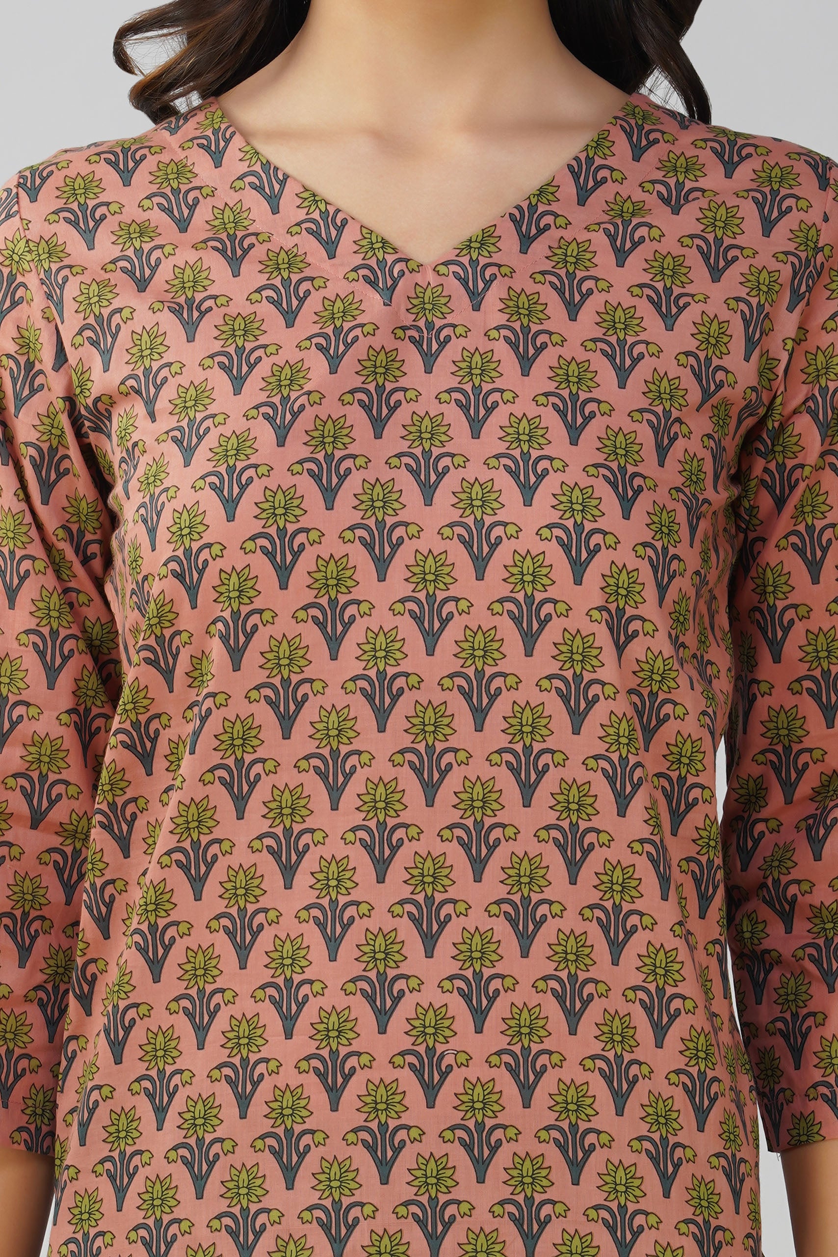Peach Printed V-Neck Cotton Kurta Set