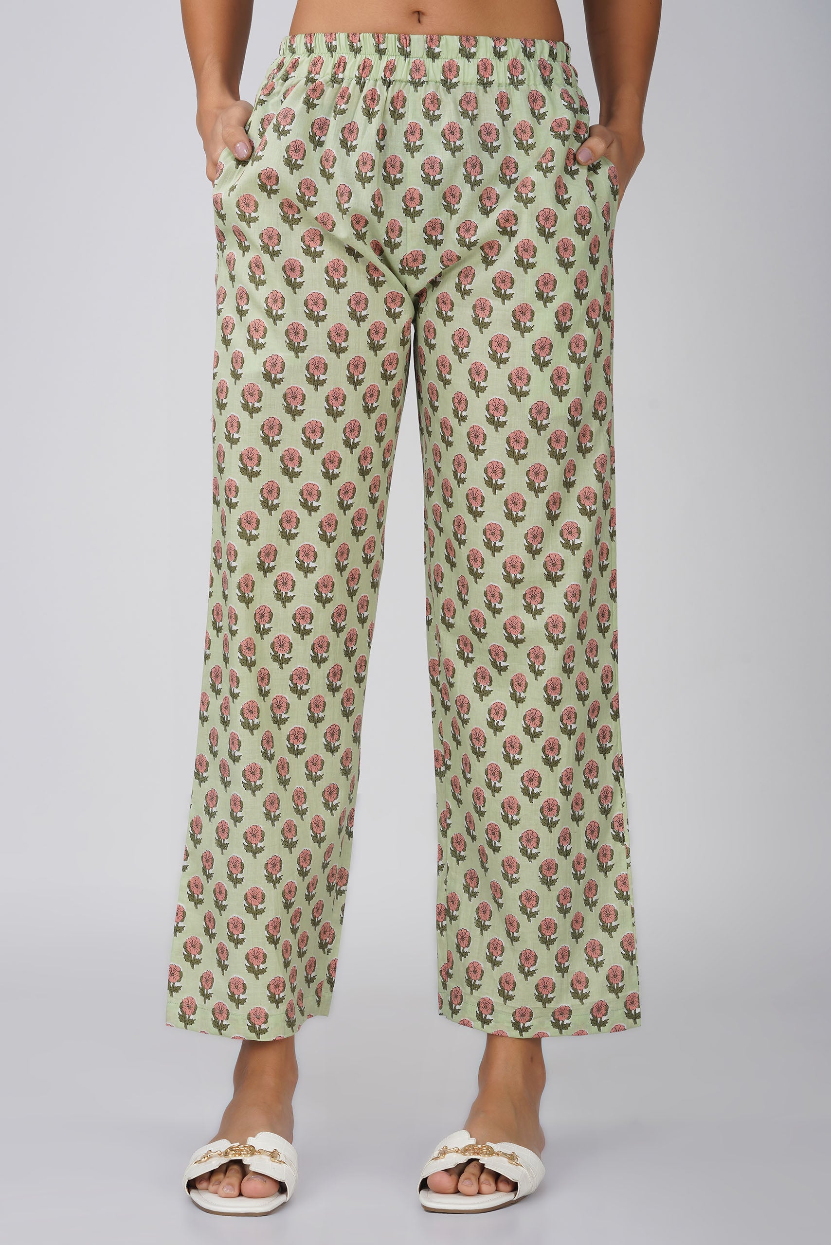 Pista Printed Round Neck Cotton Kurta Set