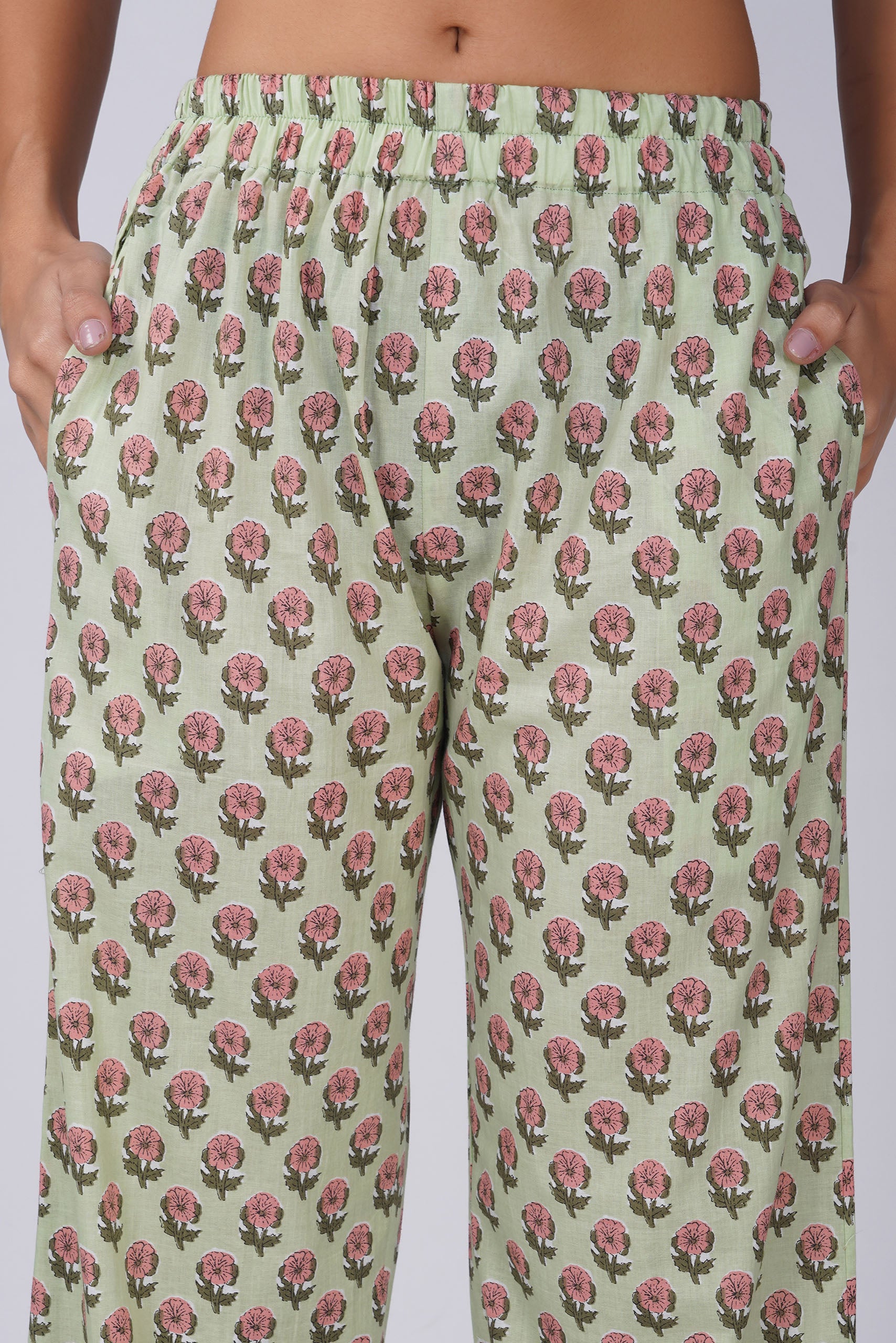 Pista Printed Round Neck Cotton Kurta Set