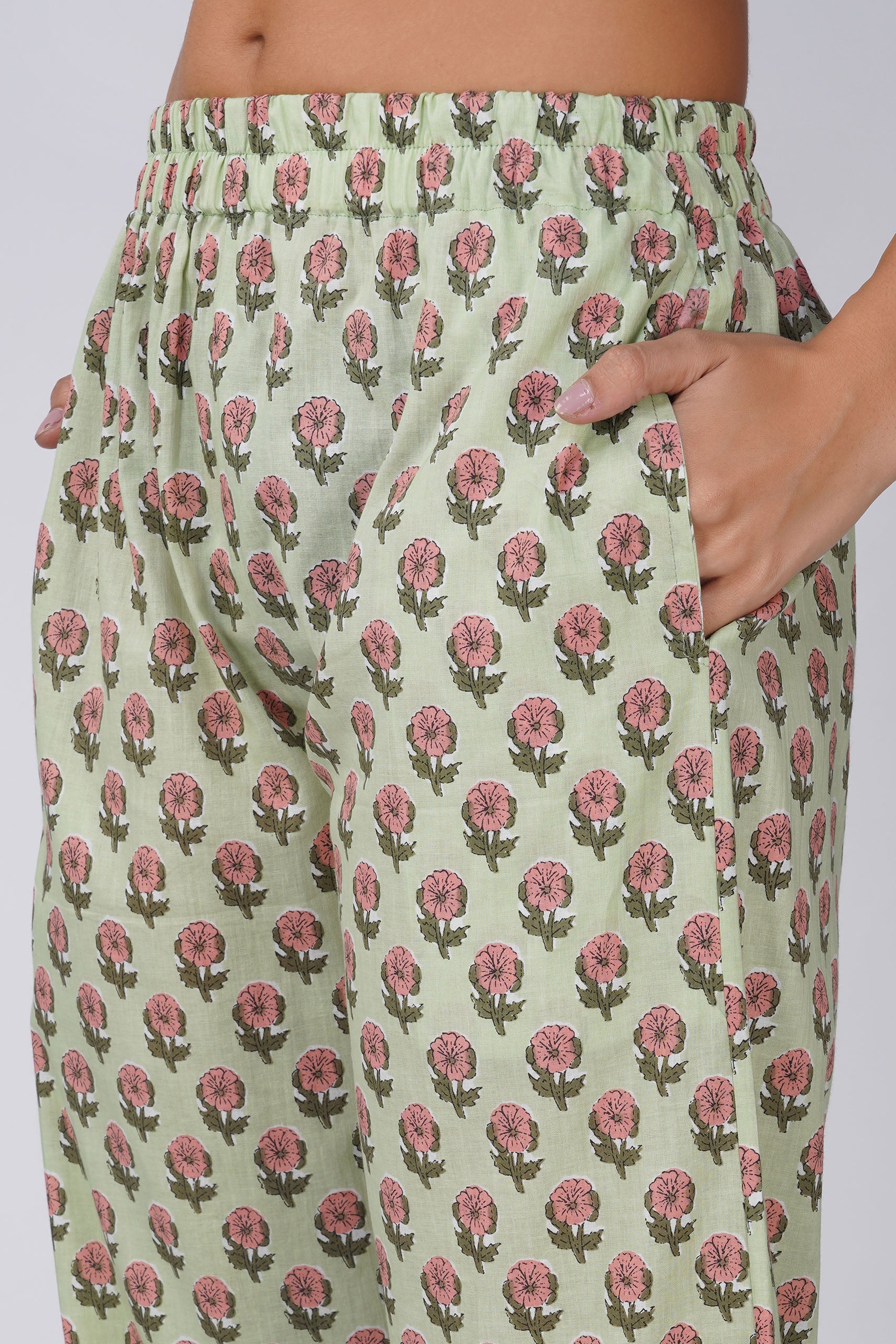 Pista Printed Round Neck Cotton Kurta Set