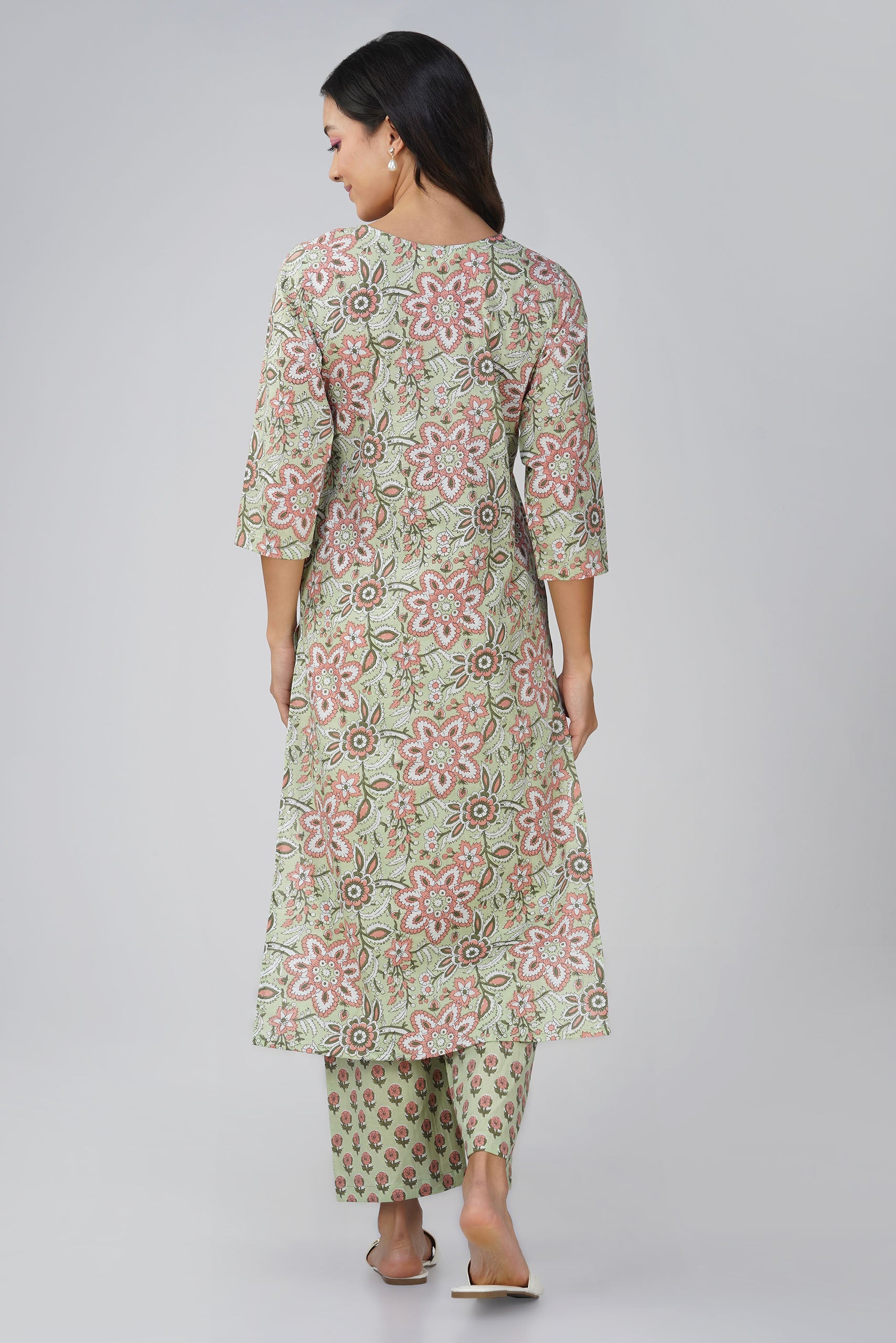 Pista Printed Round Neck Cotton Kurta Set