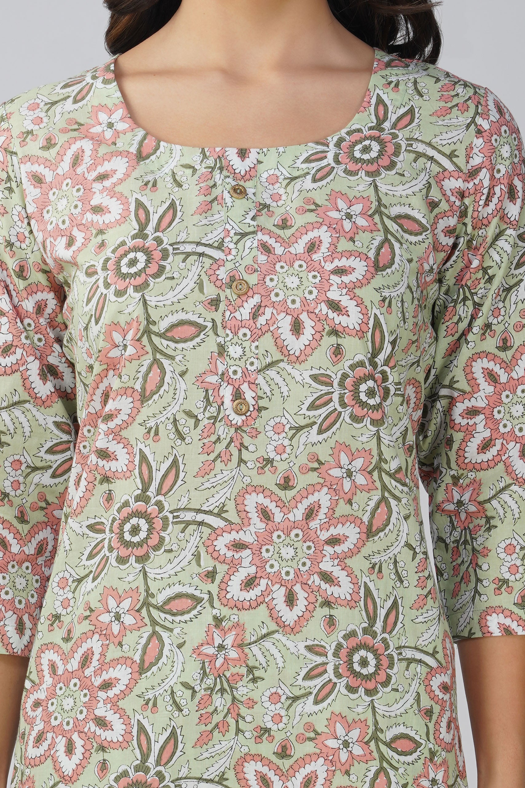 Pista Printed Round Neck Cotton Kurta Set