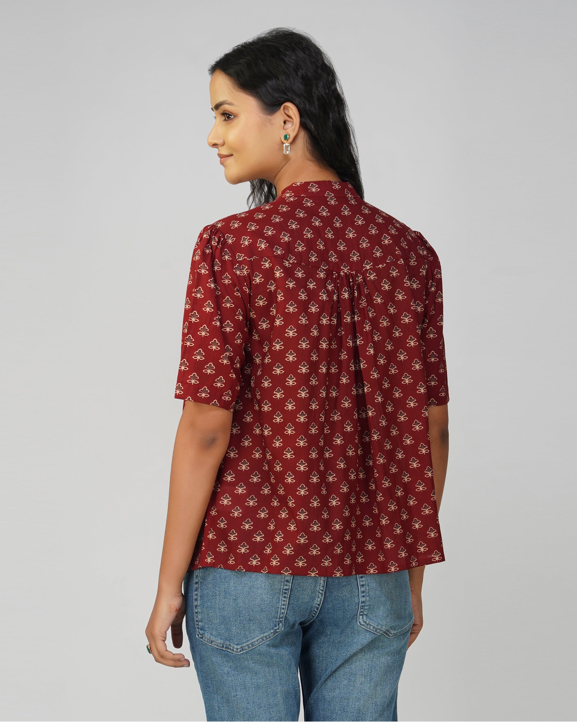 Maroon Floral Printed Cotton Pleated Top