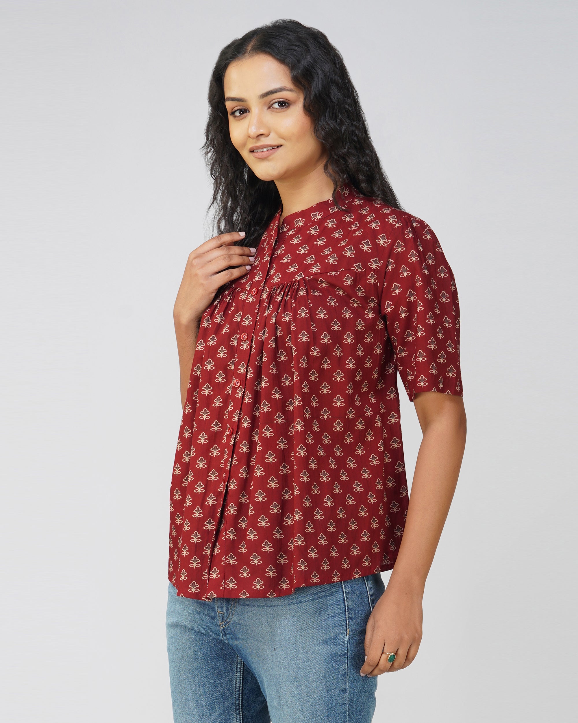 Maroon Floral Printed Cotton Pleated Top