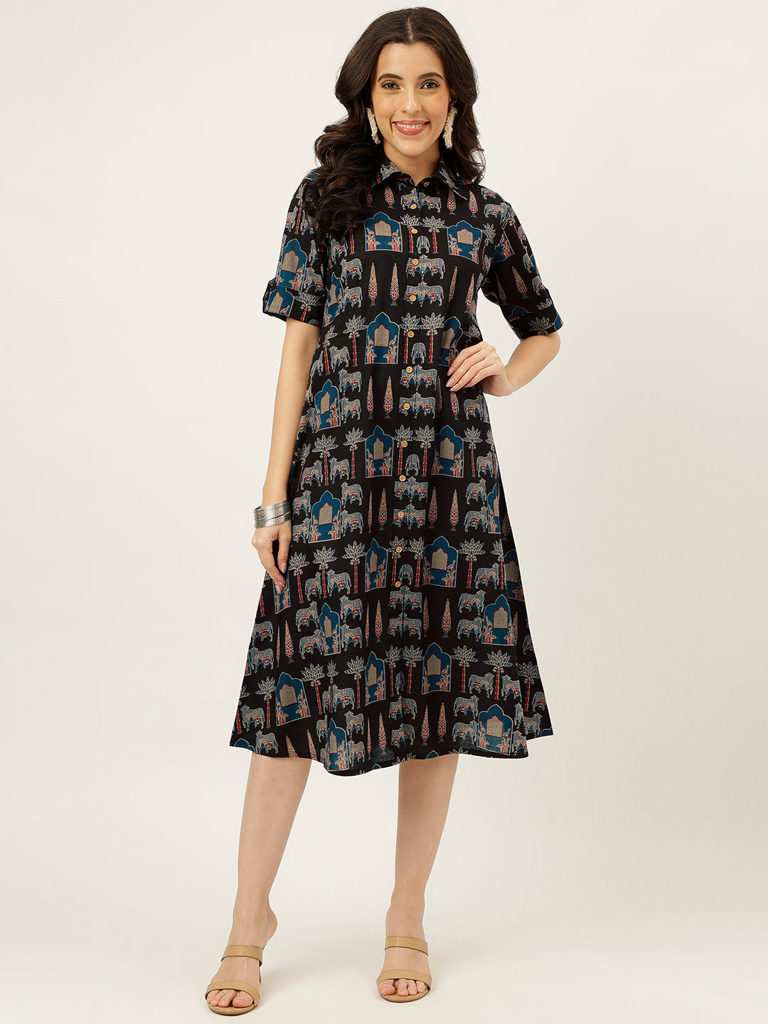 Black Printed Cotton Shirt Dress