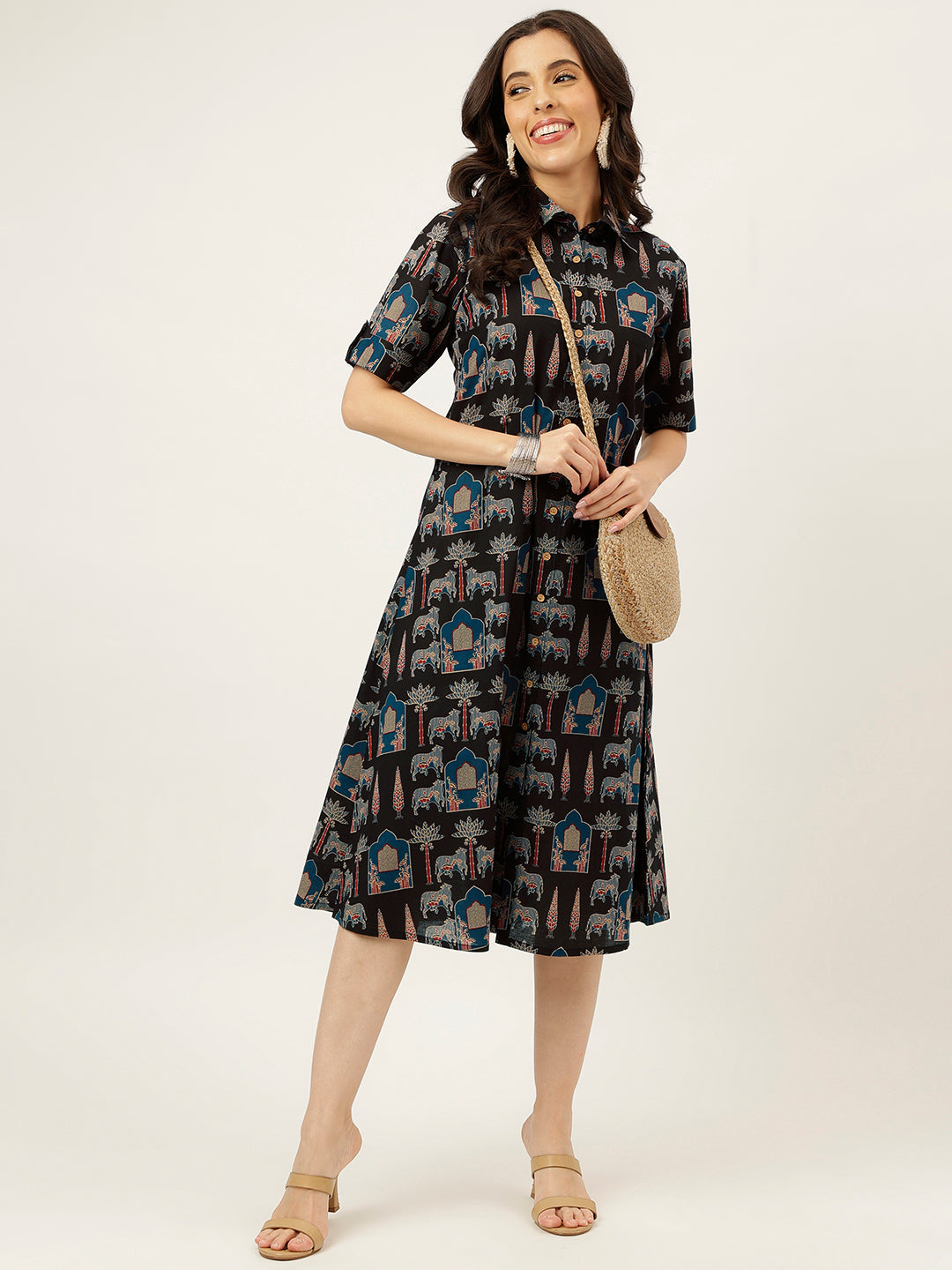 Black Printed Cotton Shirt Dress
