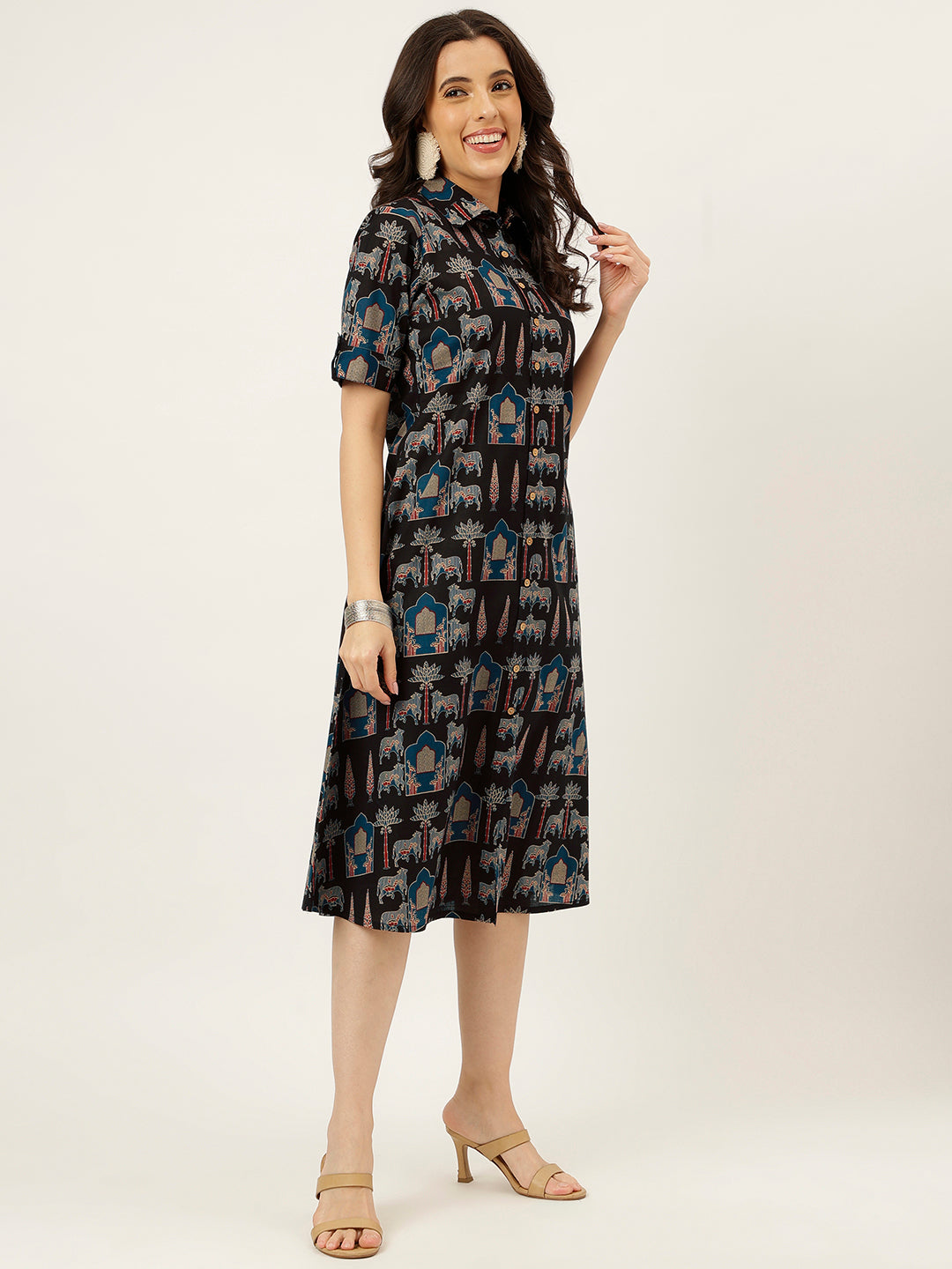 Black Printed Cotton Shirt Dress