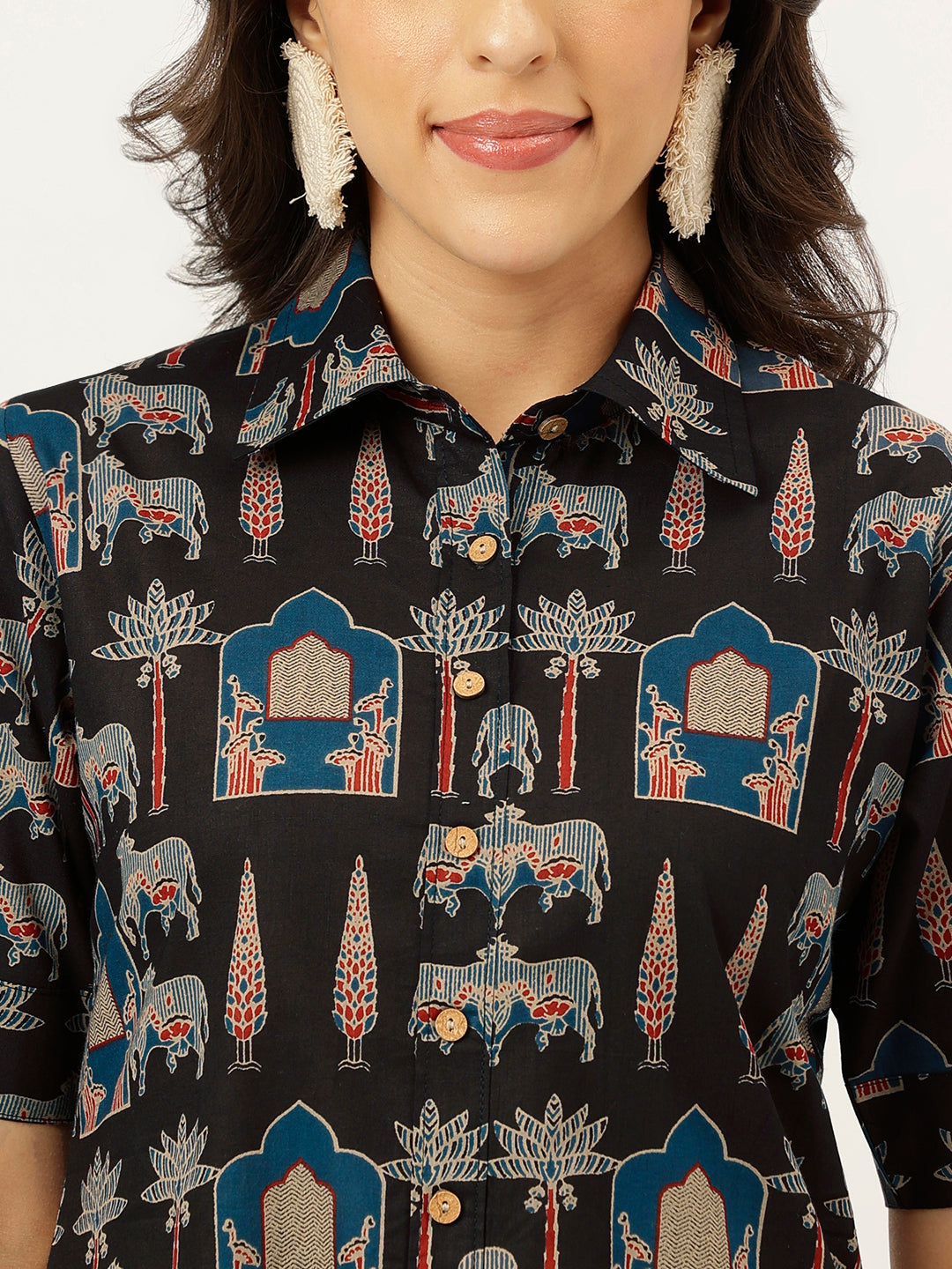 Black Printed Cotton Shirt Dress