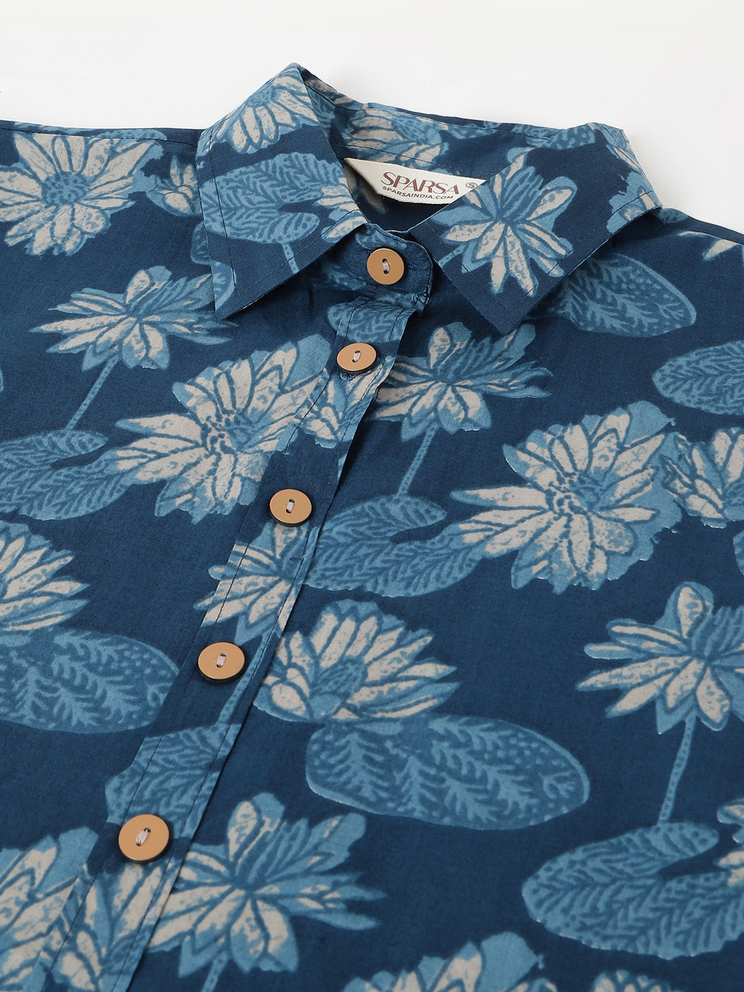 Blue Printed Cotton Shirt Dress
