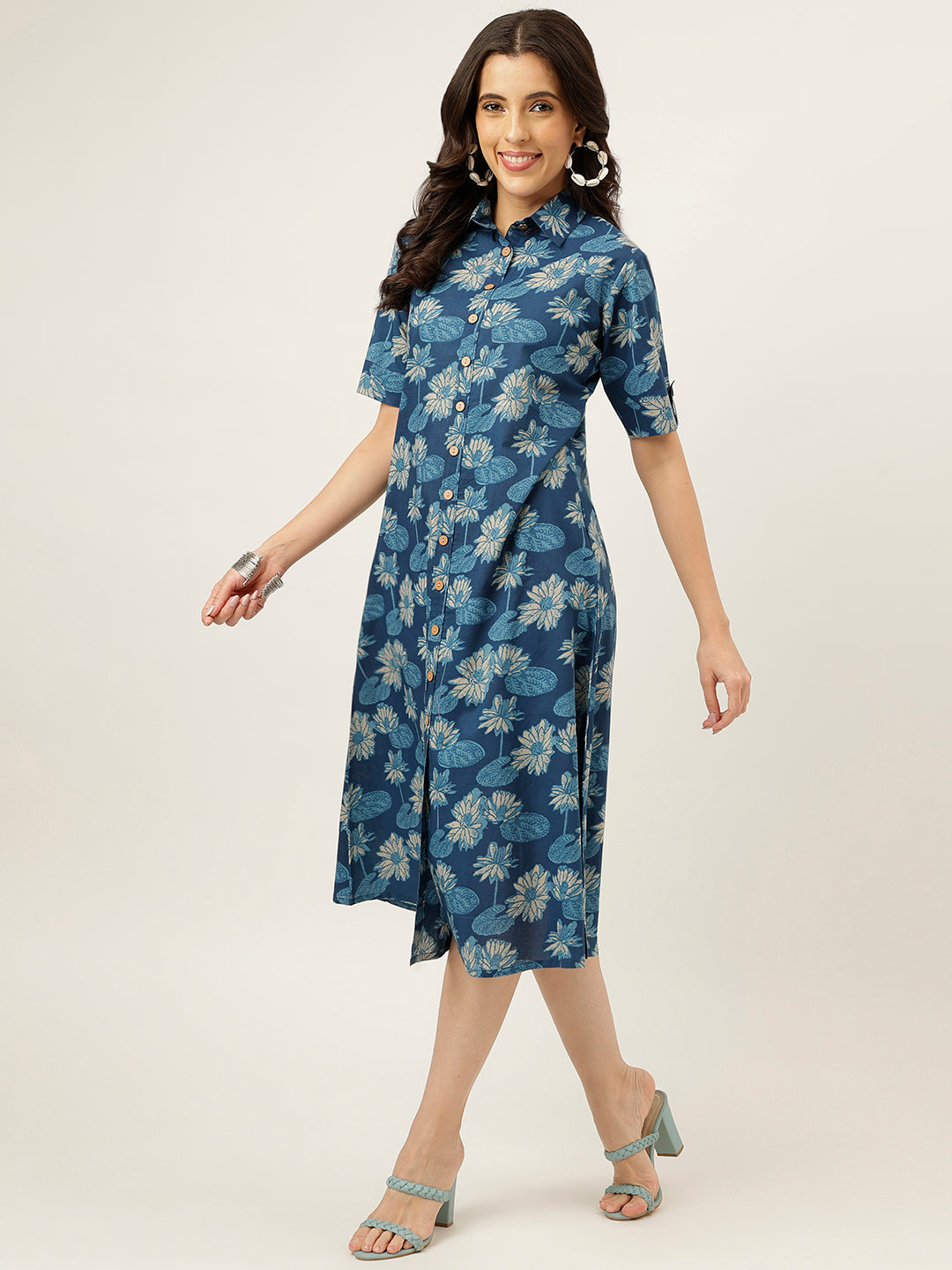 Blue Printed Cotton Shirt Dress