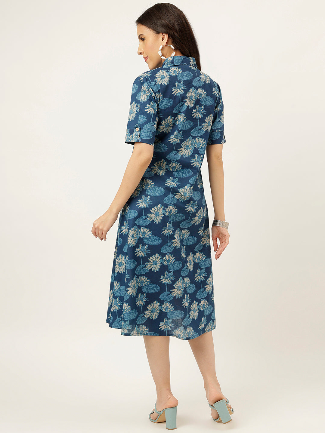 Blue Printed Cotton Shirt Dress