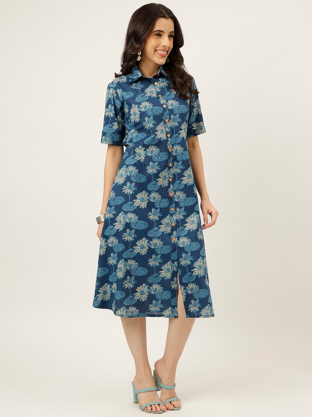 Blue Printed Cotton Shirt Dress