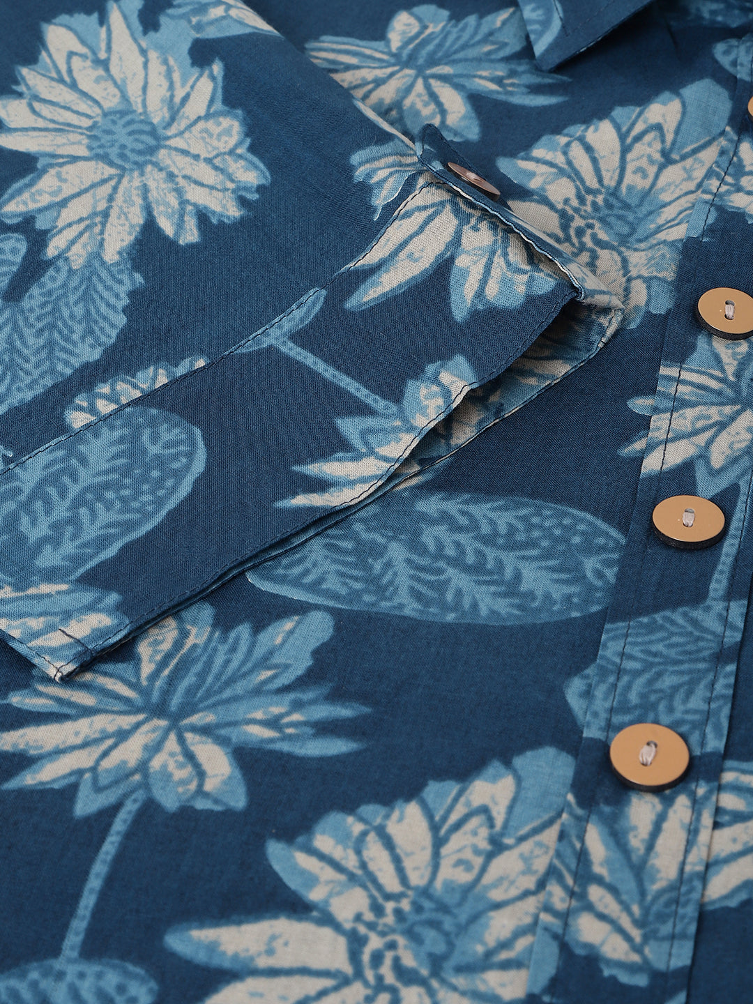 Blue Printed Cotton Shirt Dress