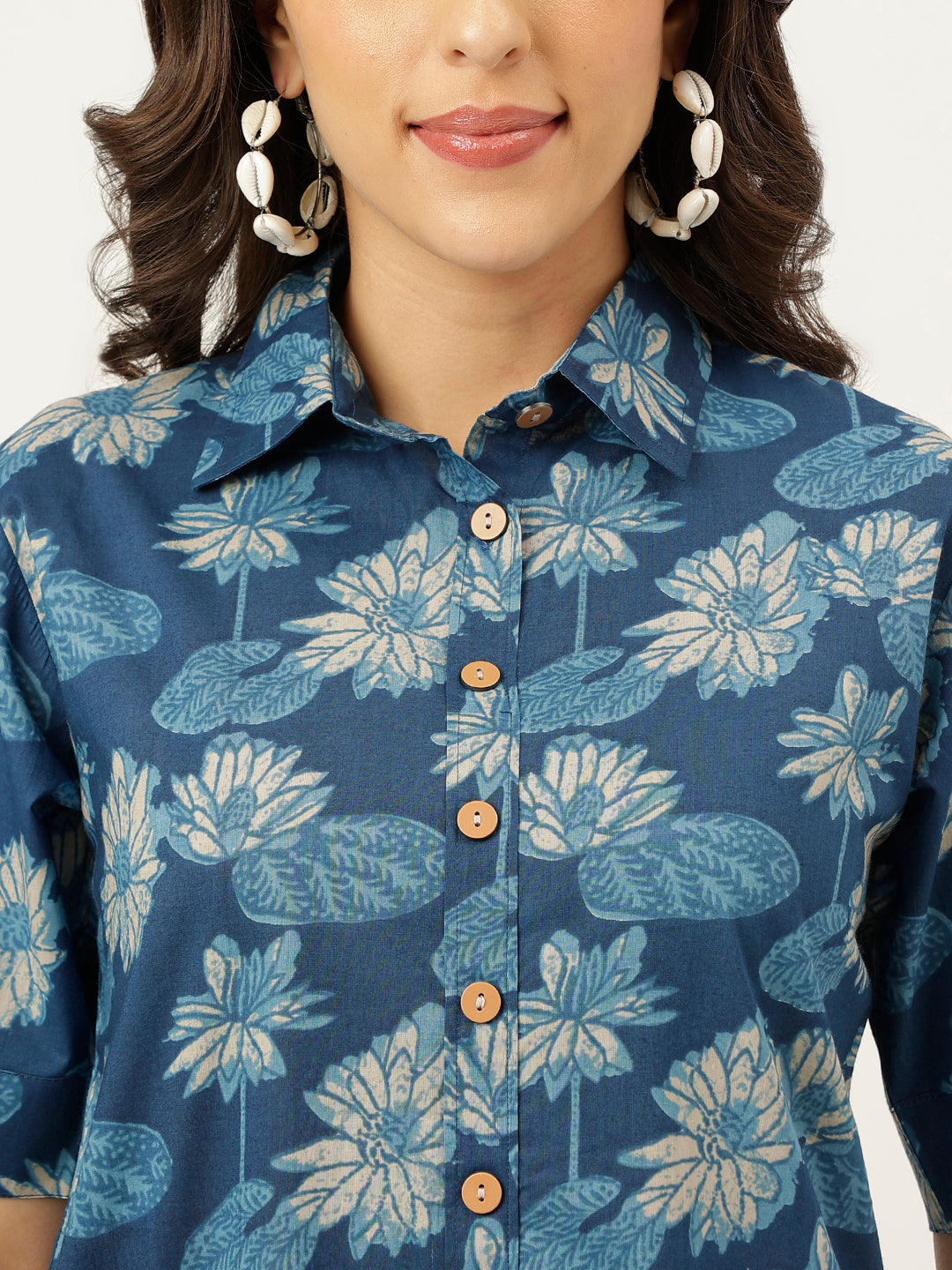 Blue Printed Cotton Shirt Dress