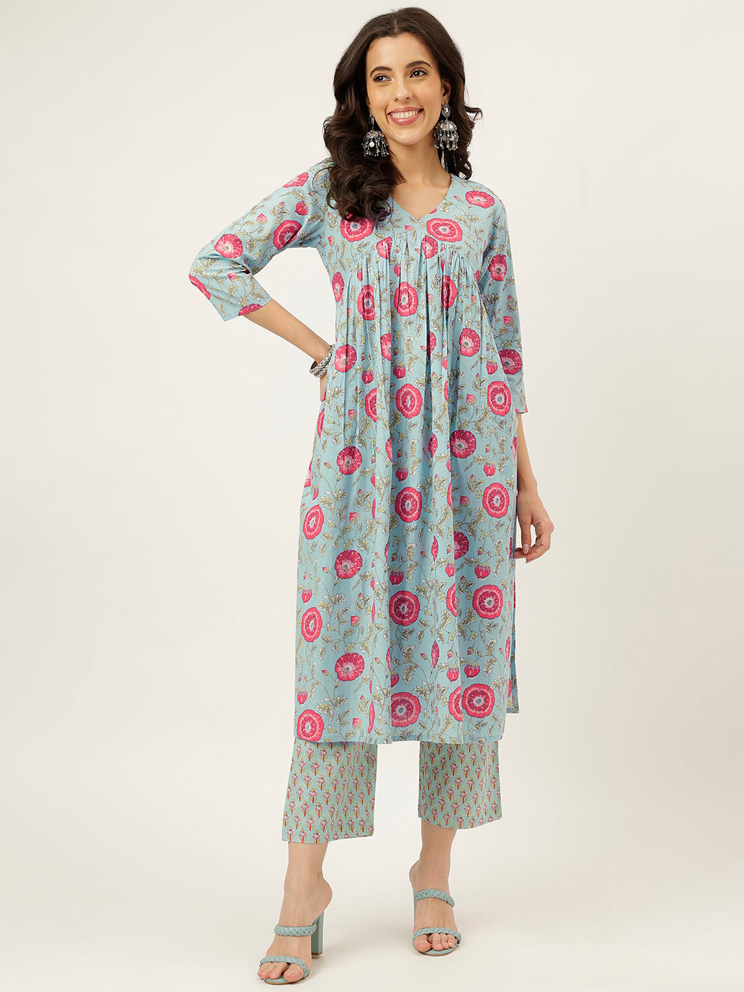 Sky Blue Printed Alia Cut Cotton Kurta Set