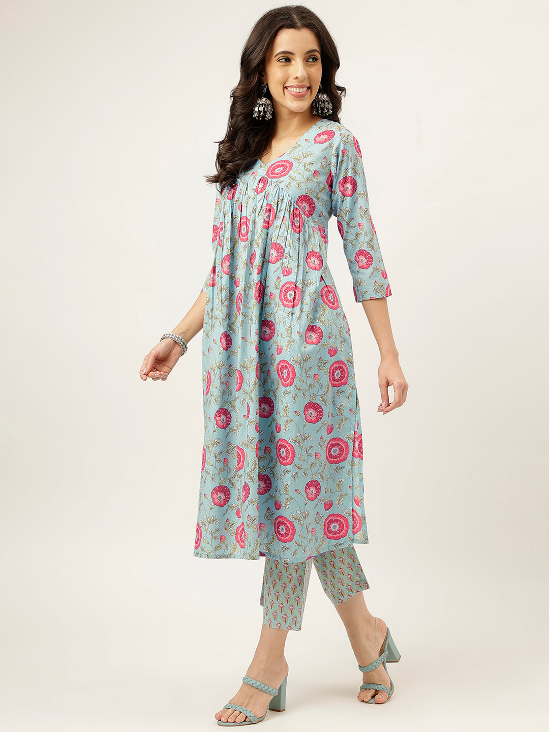 Sky Blue Printed Alia Cut Cotton Kurta Set