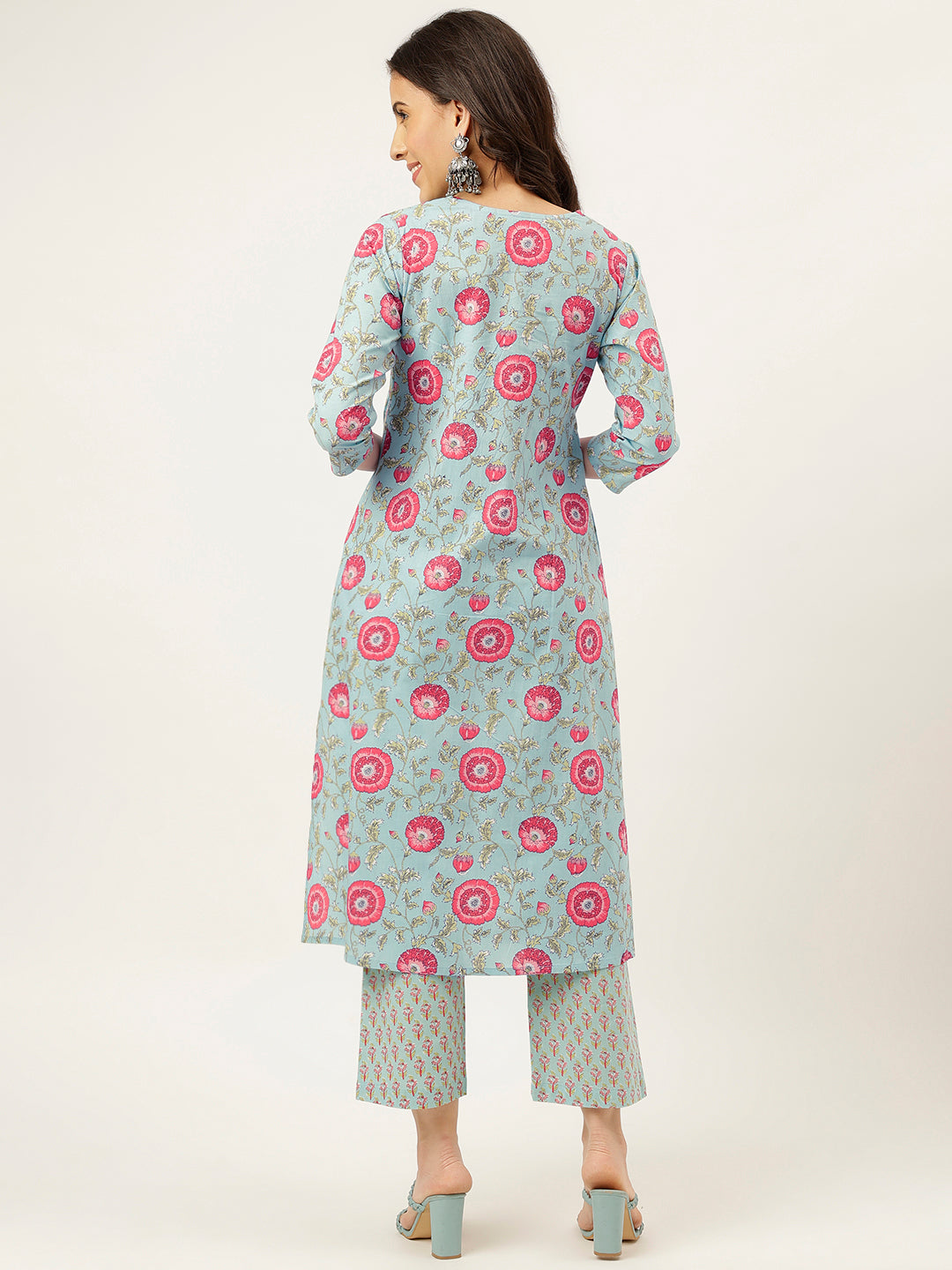Sky Blue Printed Alia Cut Cotton Kurta Set