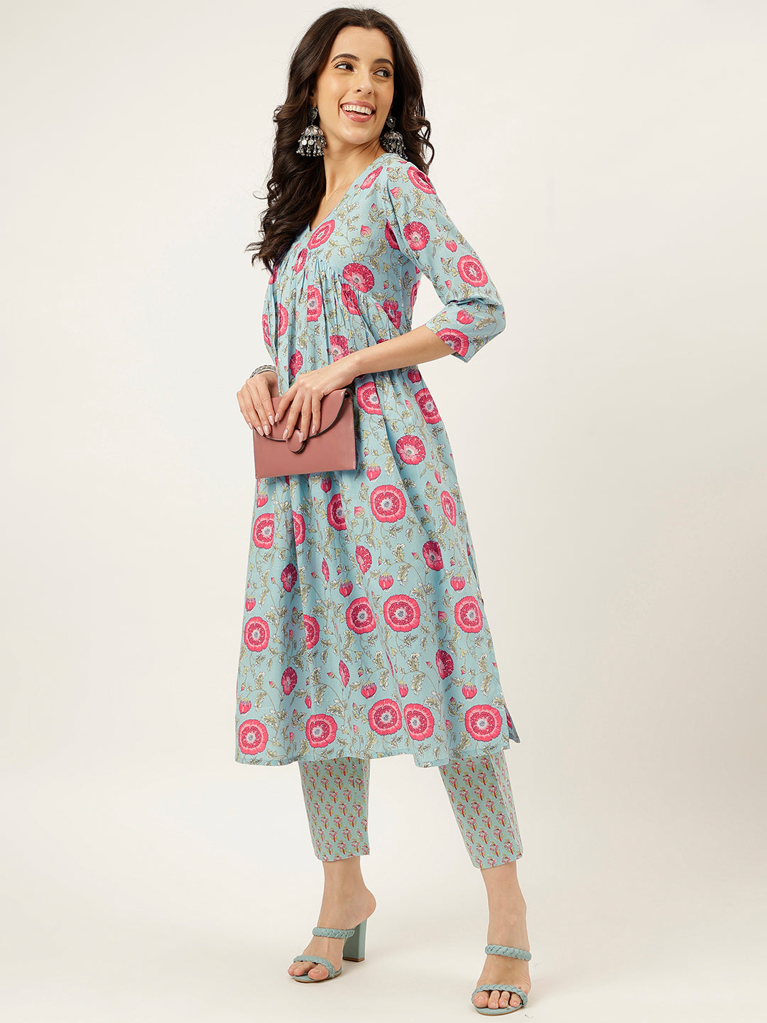 Sky Blue Printed Alia Cut Cotton Kurta Set