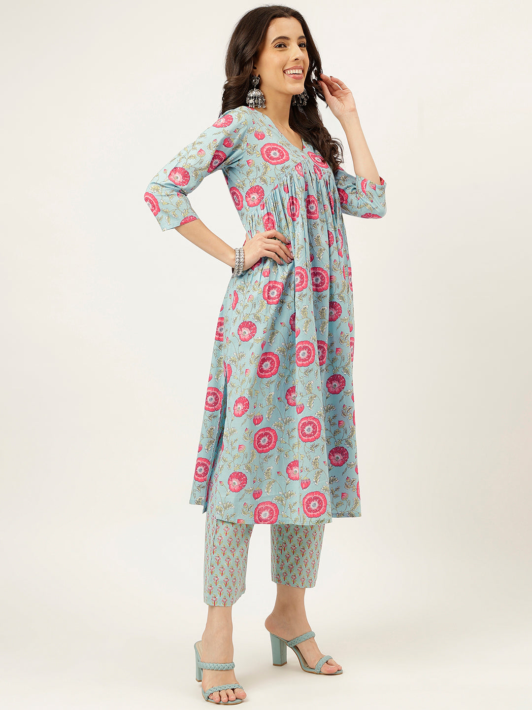 Sky Blue Printed Alia Cut Cotton Kurta Set