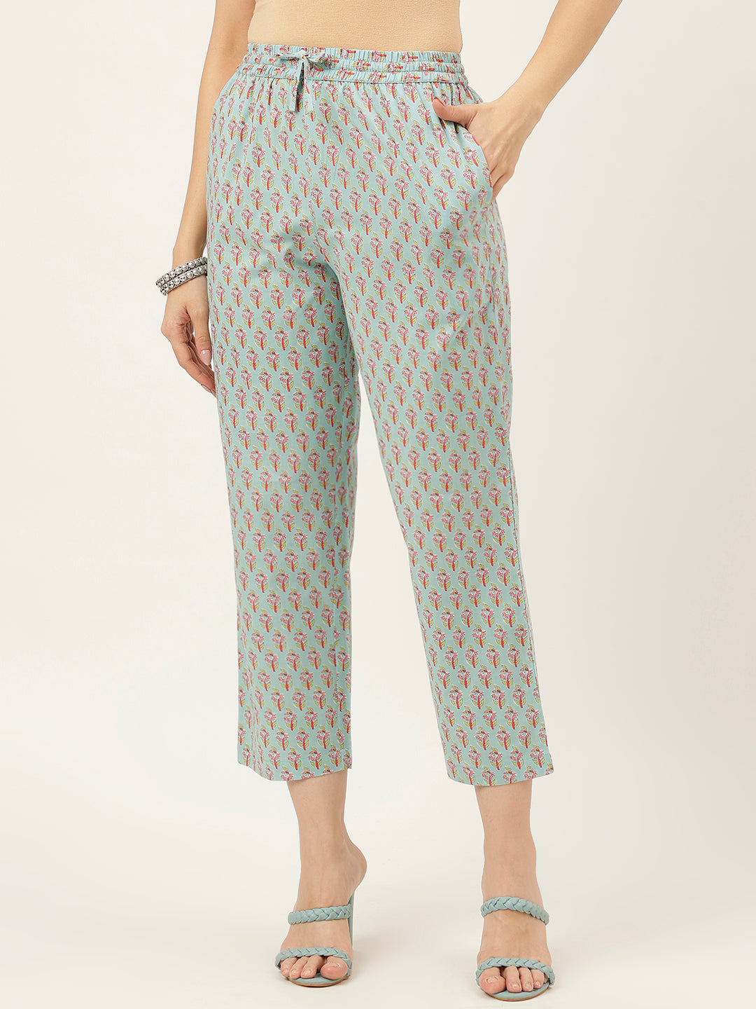 Sky Blue Printed Alia Cut Cotton Kurta Set