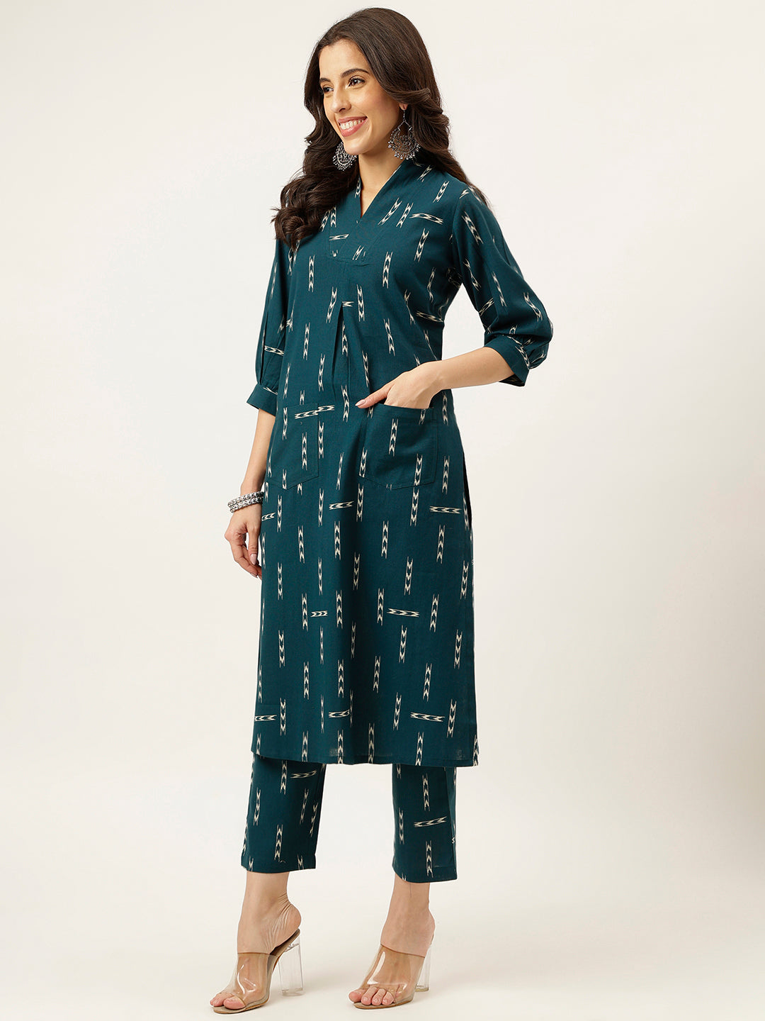 Teal Green V-Neck Cotton Kurta Set