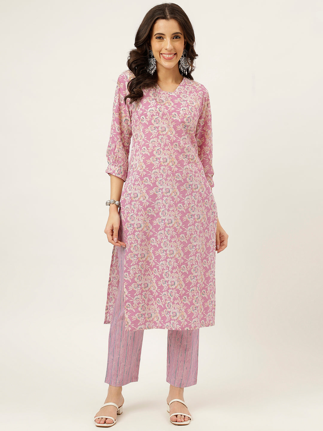 Light Pink Printed V-Neck Cotton Kurta Set