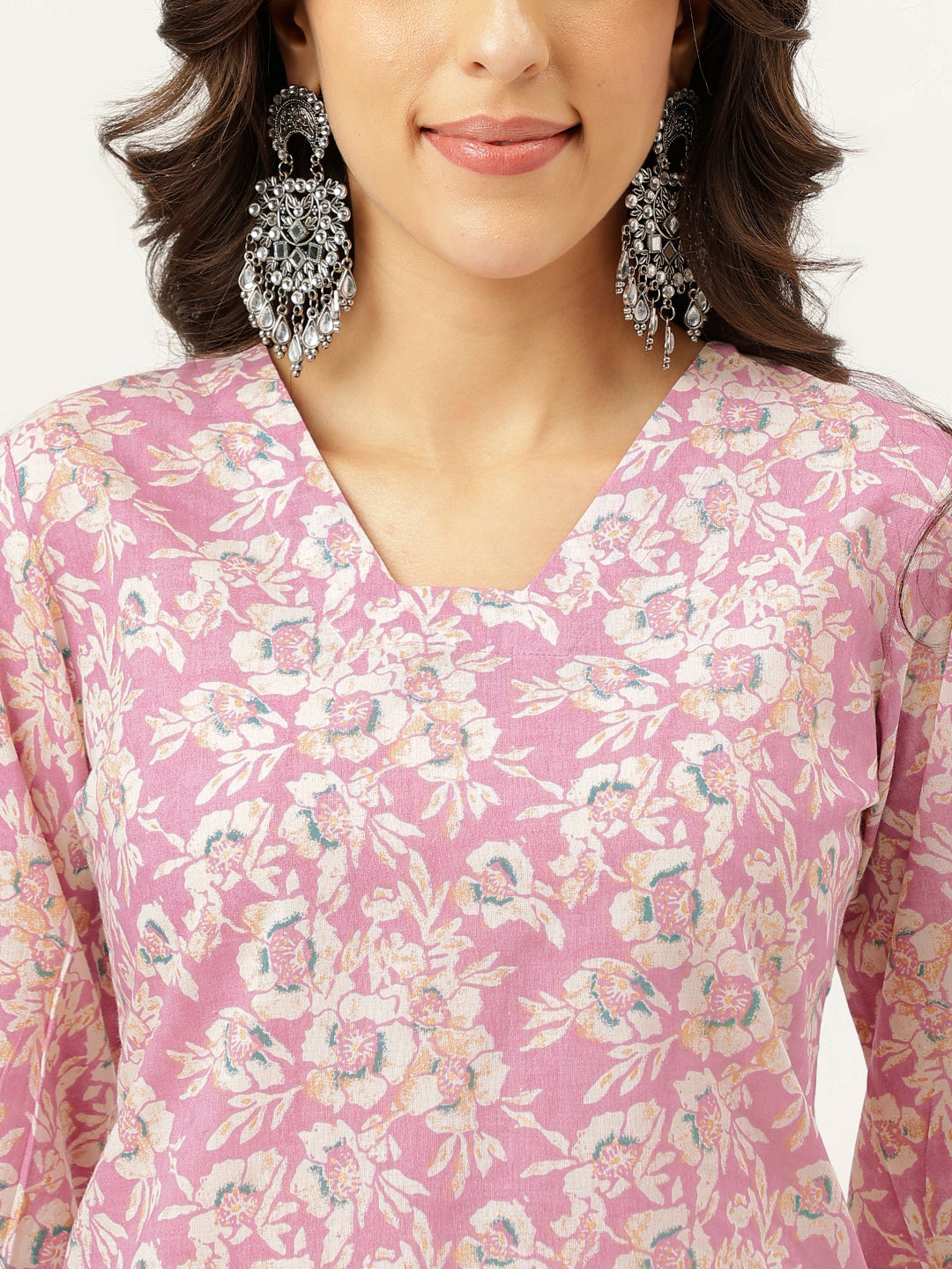 Light Pink Printed V-Neck Cotton Kurta Set