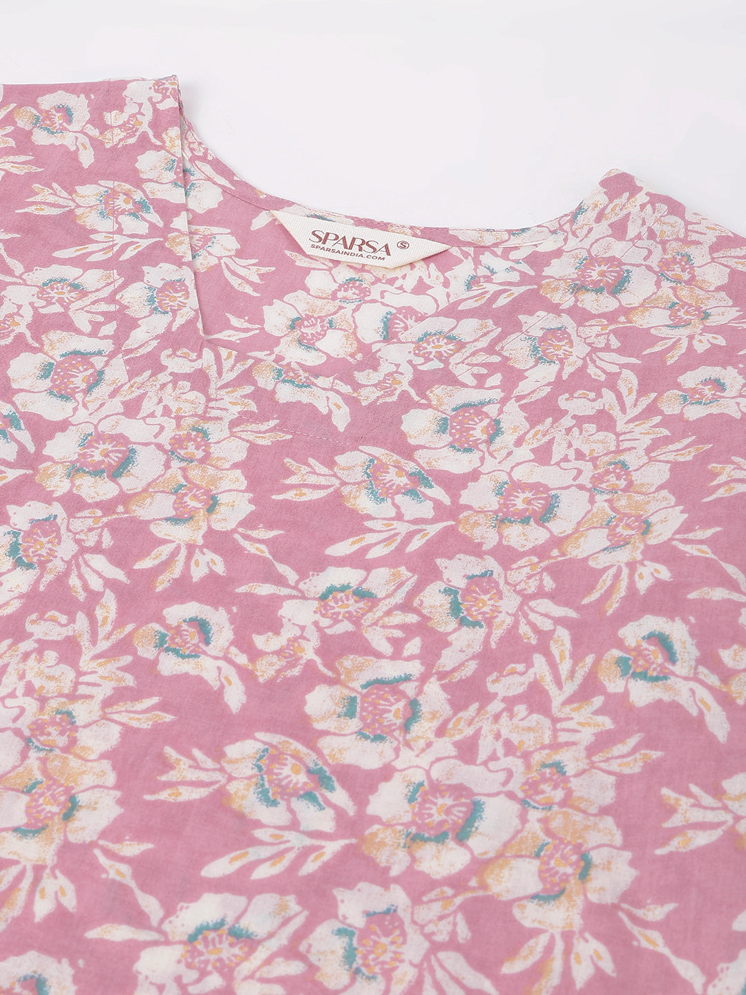 Light Pink Printed V-Neck Cotton Kurta Set